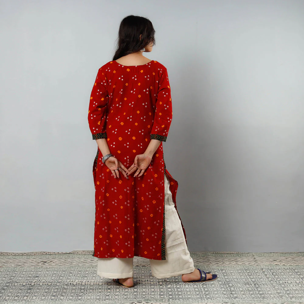 Red - Bandhani Tie-dye Cotton Long Straight Kurta - Image 4