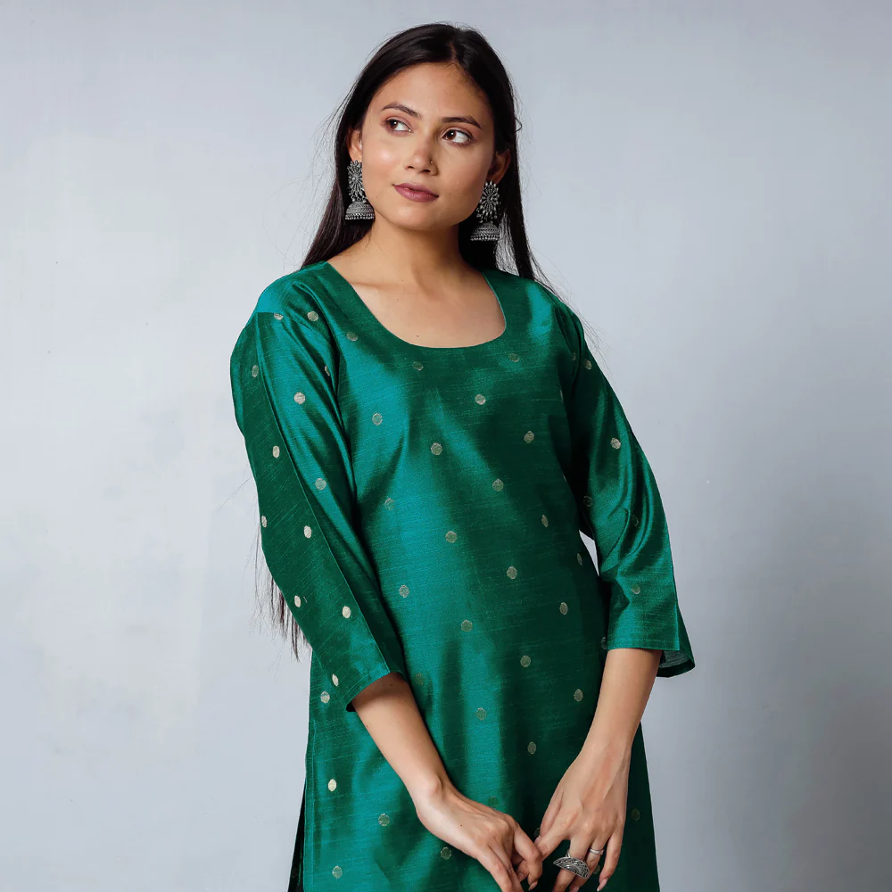 Dark Green - Polka Zari Butta Spun Dupion Silk Long Straight Kurta