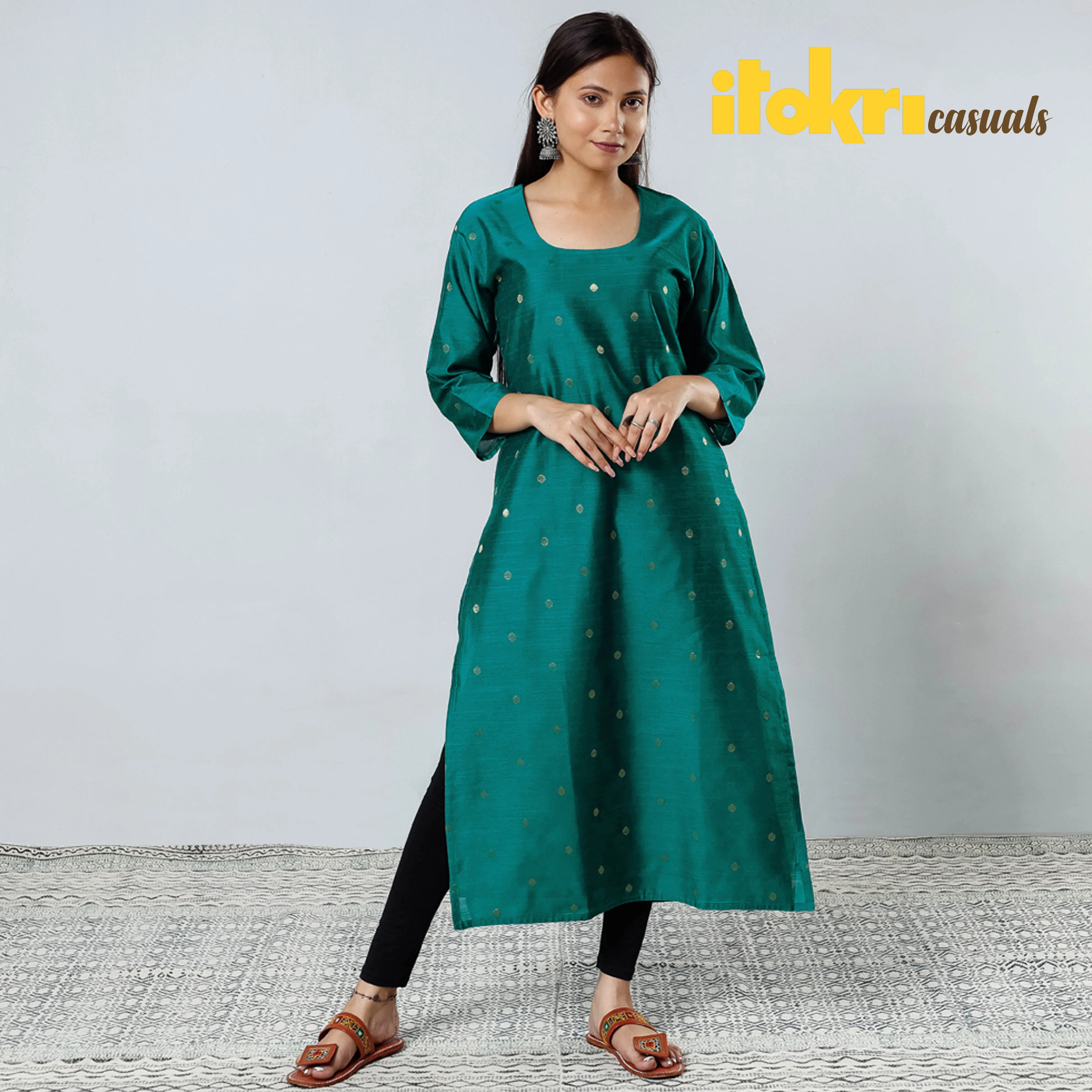 Dark Green - Polka Zari Butta Spun Dupion Silk Long Straight Kurta - Image 2
