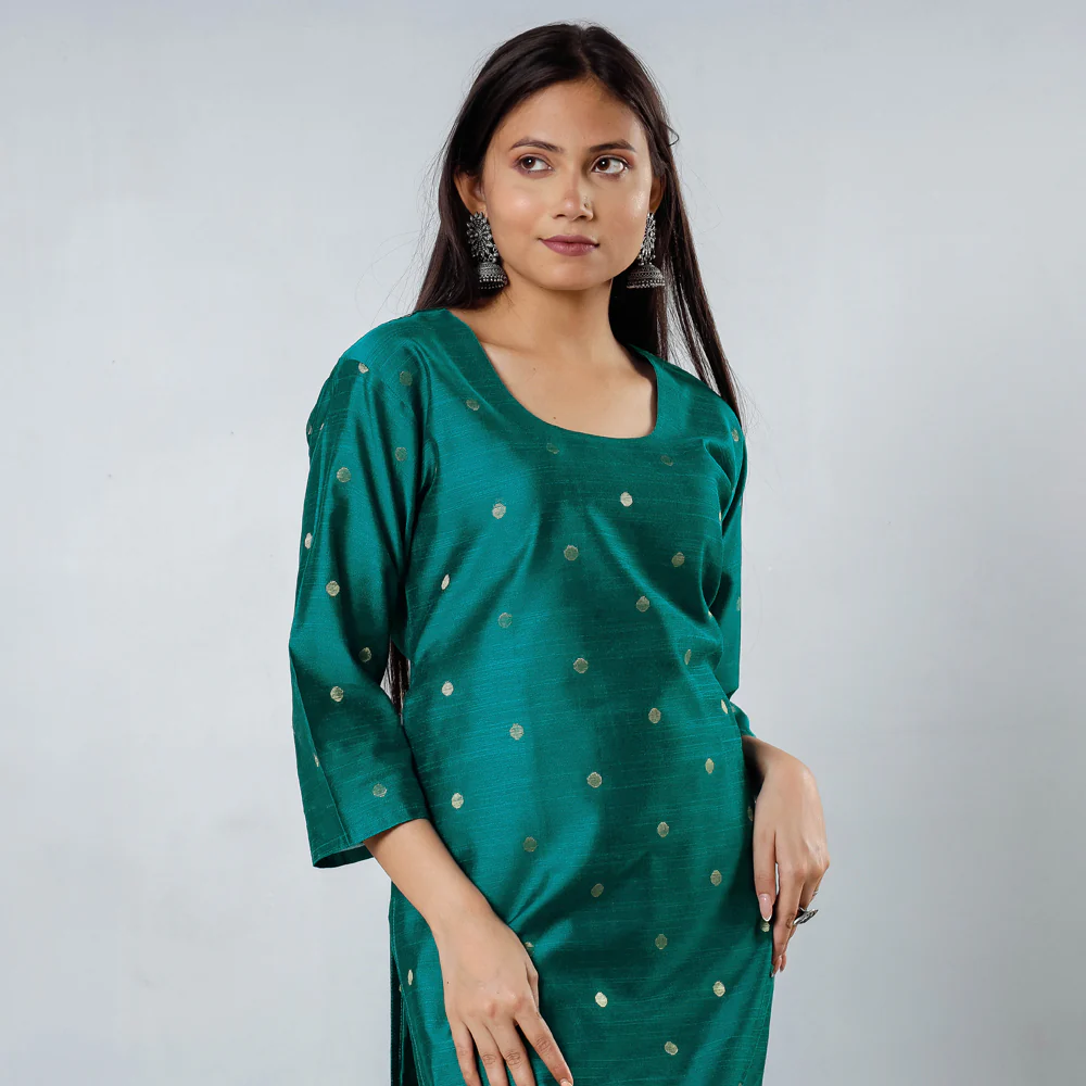 Dark Green - Polka Zari Butta Spun Dupion Silk Long Straight Kurta - Image 3