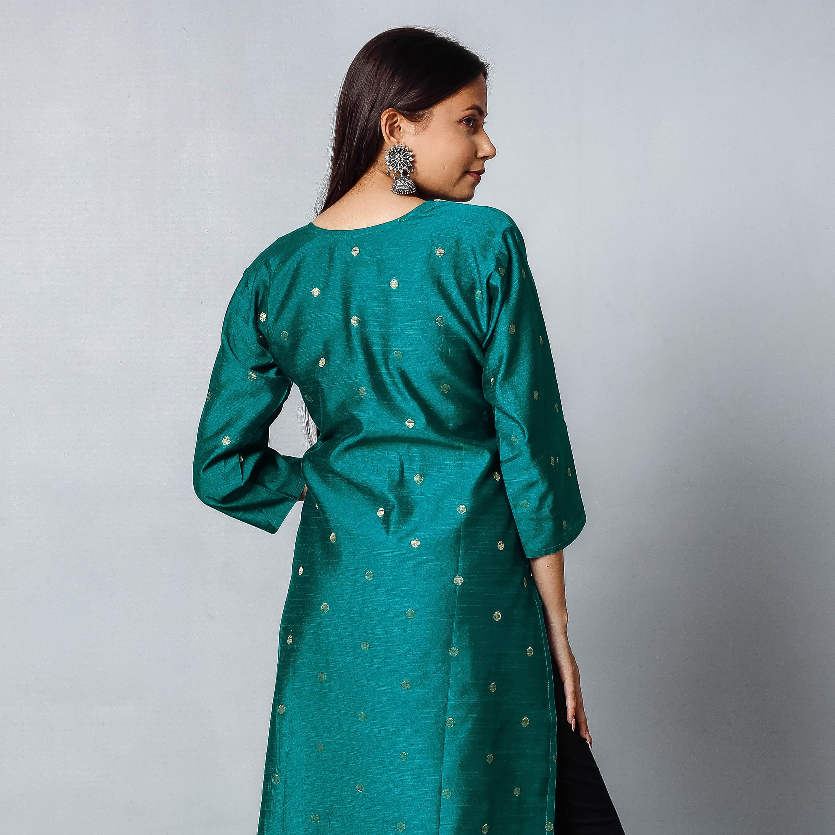 Dark Green - Polka Zari Butta Spun Dupion Silk Long Straight Kurta - Image 4
