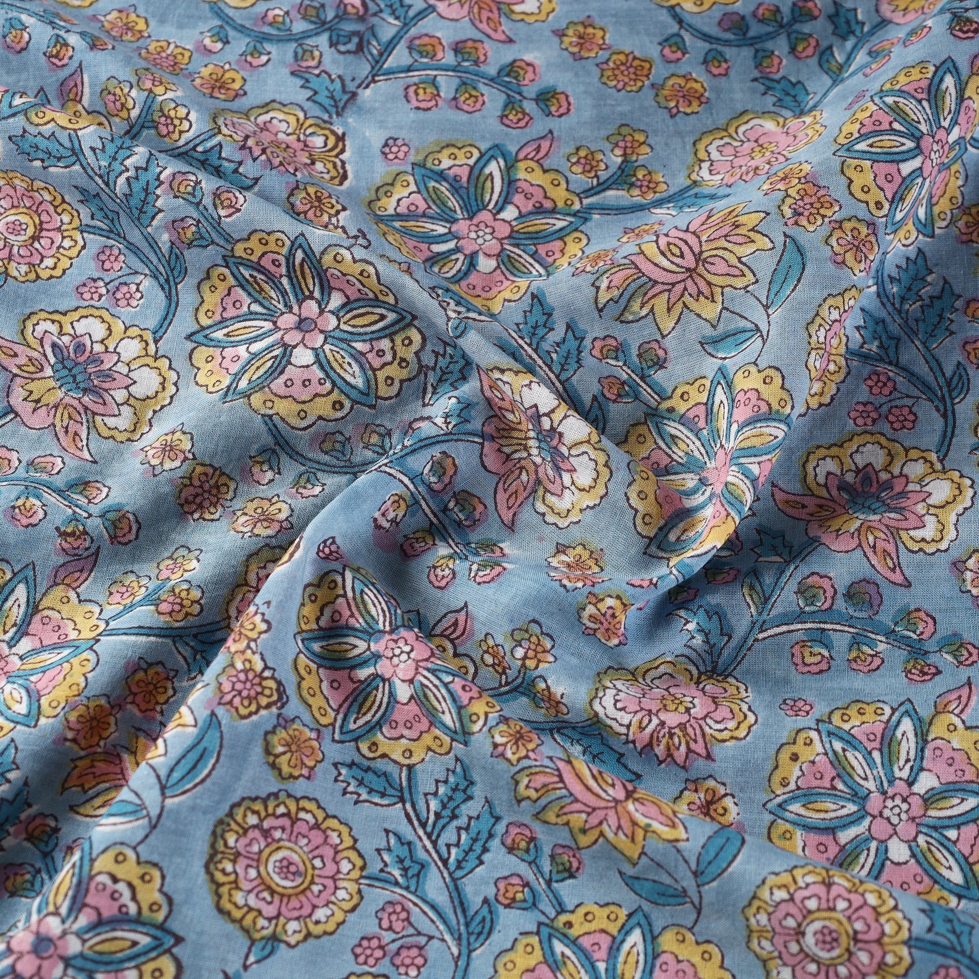 Blue - Multi Patterned Cotton Sanganeri Print Fabric - Image 3