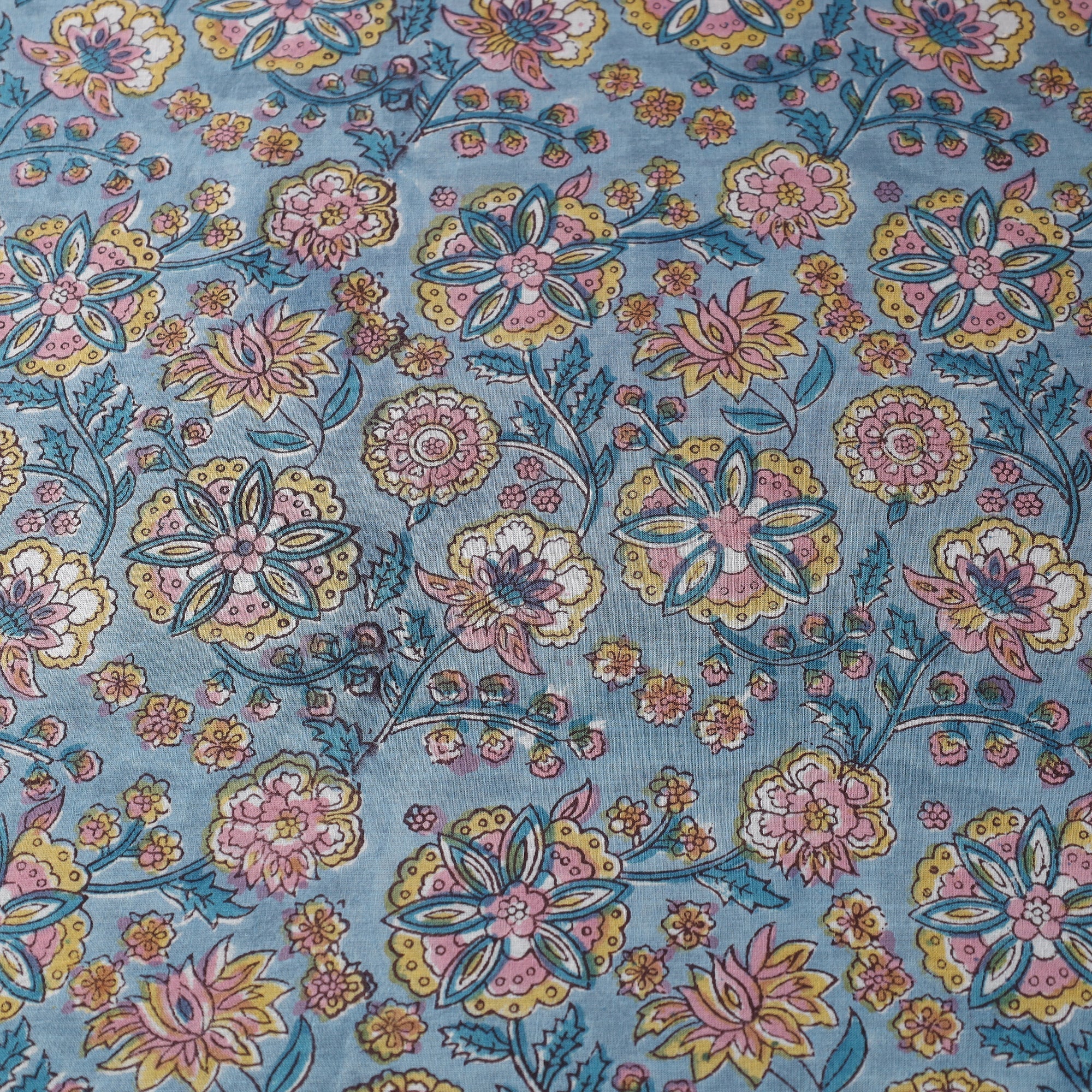 Blue - Multi Patterned Cotton Sanganeri Print Fabric - Image 4