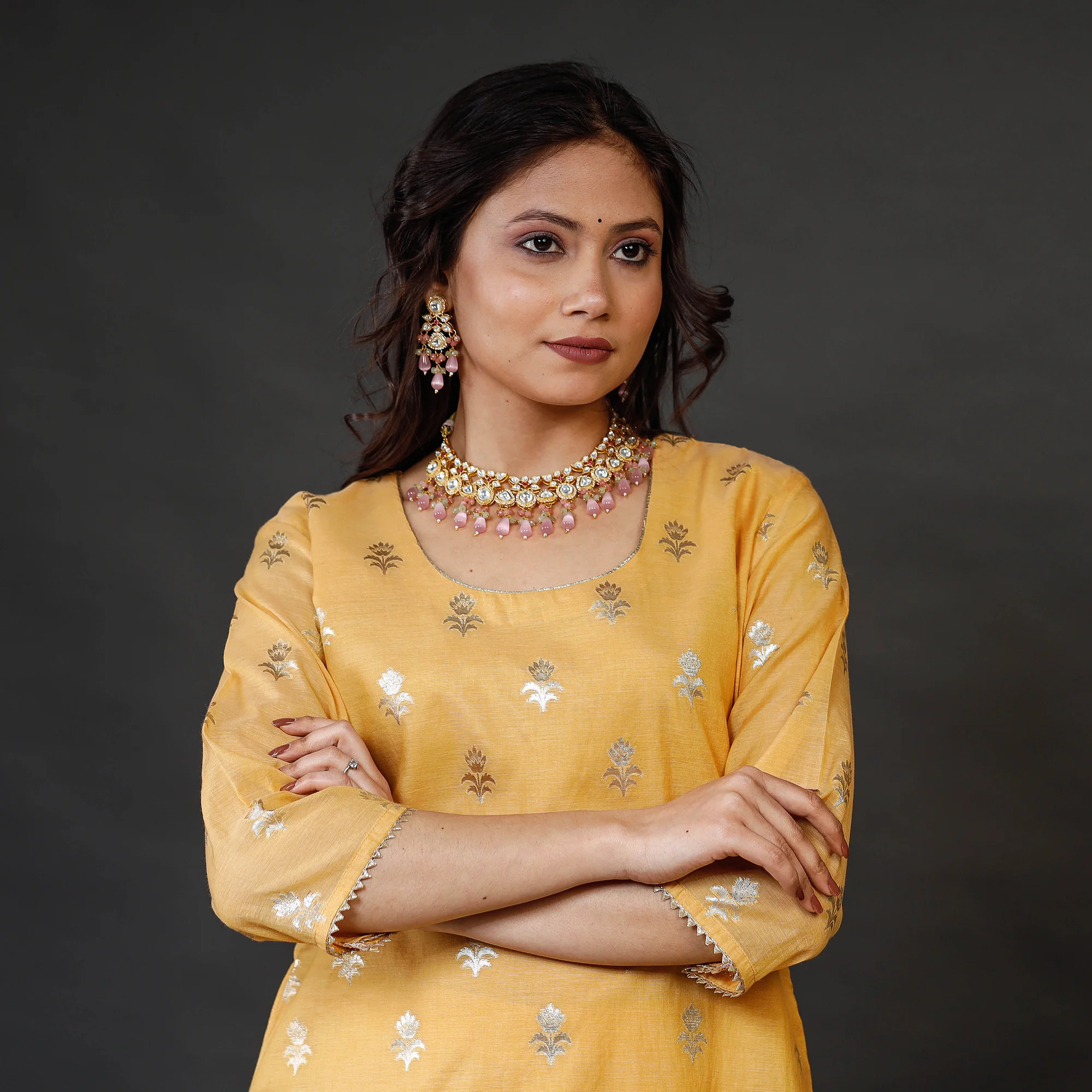 Yellow - Banarasi Silk Zari Work Kurta with Palazzo & Dupatta Set - Image 3