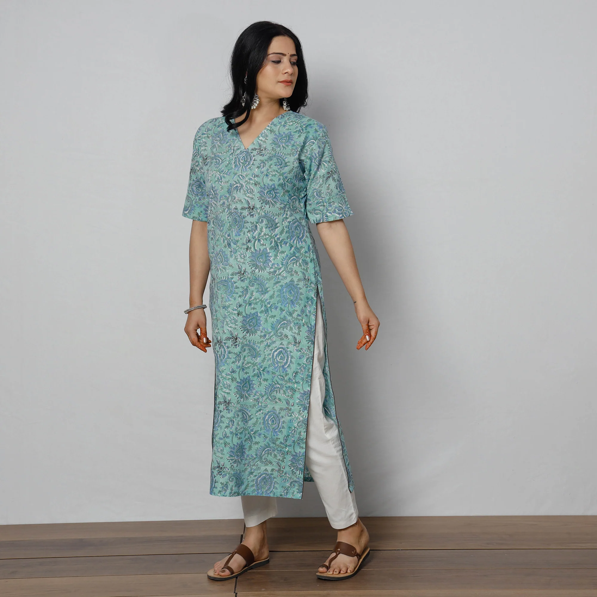 Blue - Sanganeri Block Printed Cotton Long Straight Kurta - Image 3