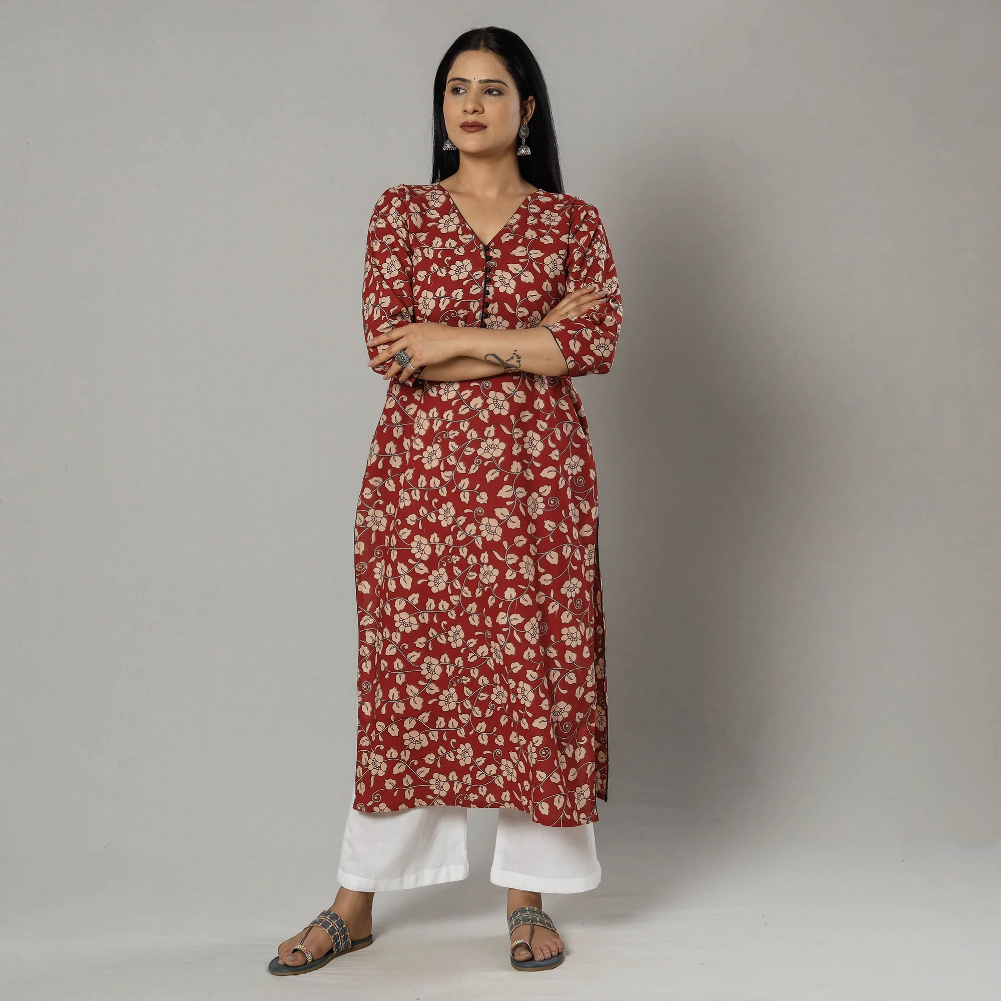 Indian Red Kalamkari Printed Cotton Kurti - Image 3