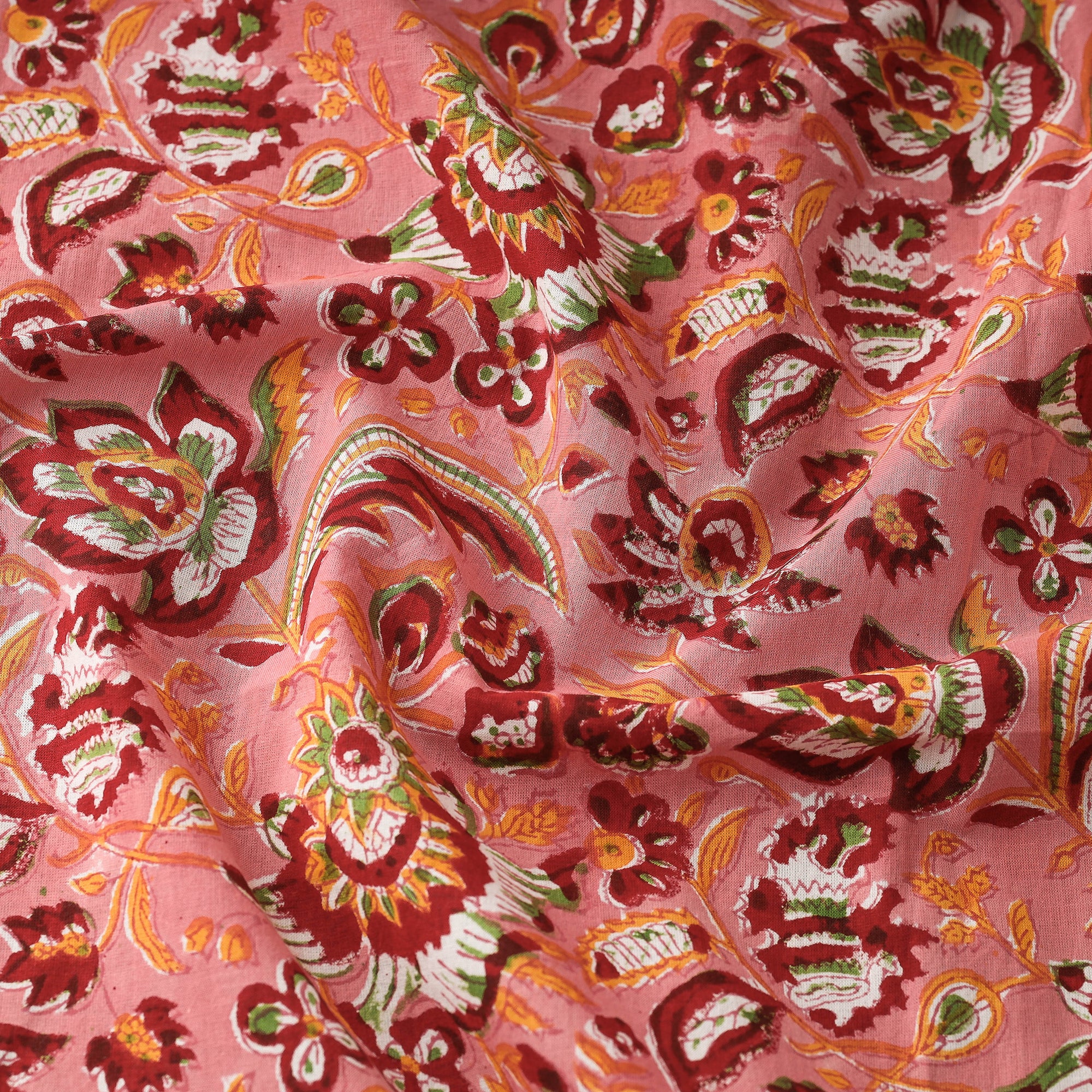Begonia Watermelon Flower Garden Sanganeri Block Printed Cotton Fabric - Image 2