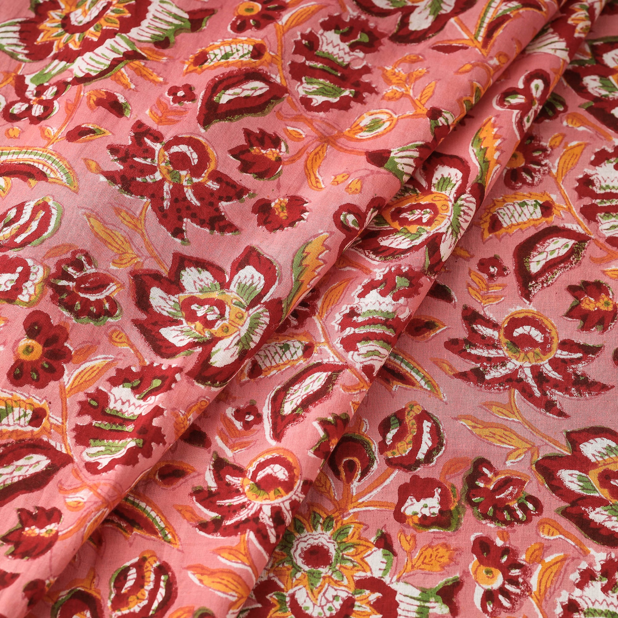 Begonia Watermelon Flower Garden Sanganeri Block Printed Cotton Fabric - Image 3