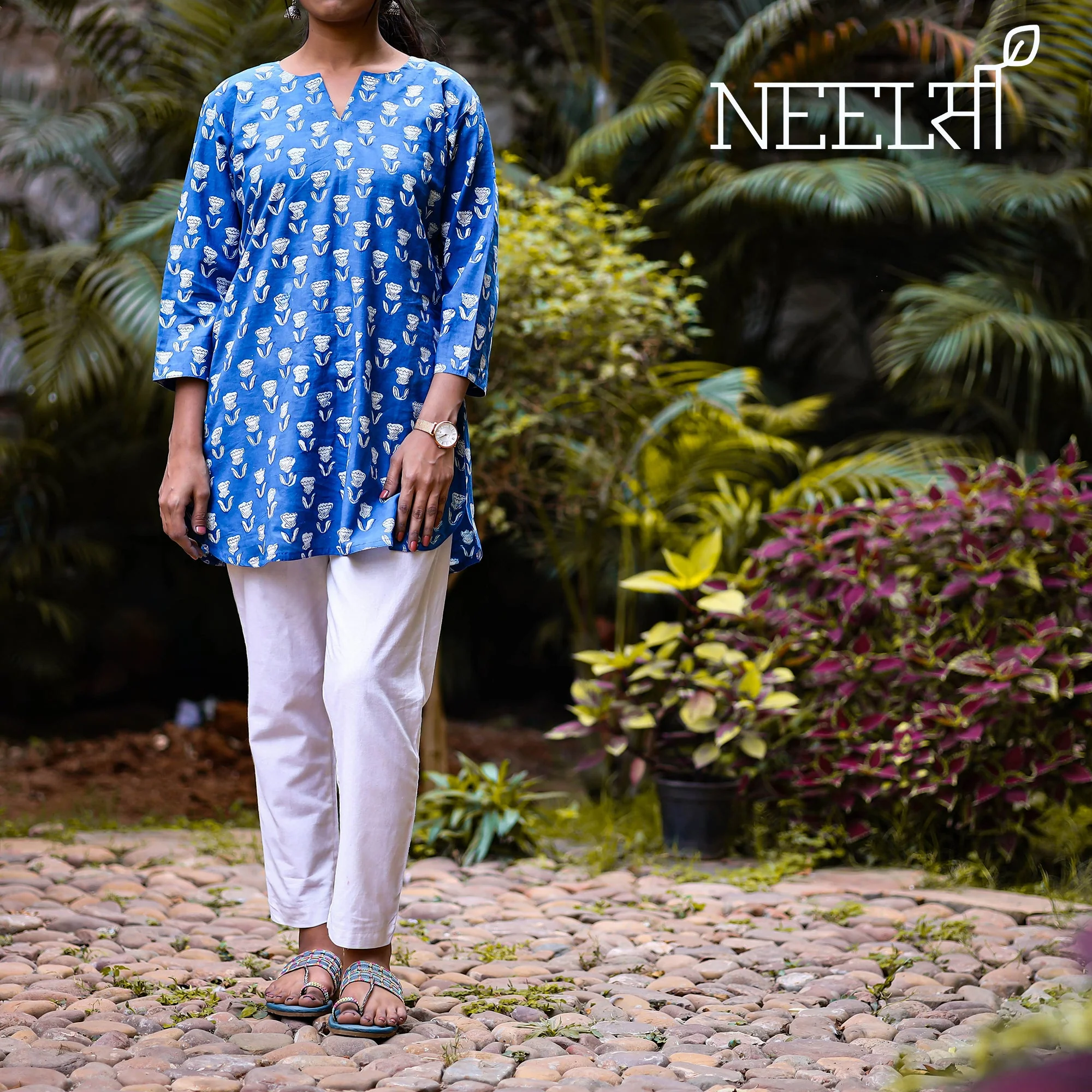 Blue - Indigo Dabu Block Printing Cotton Short Kurta