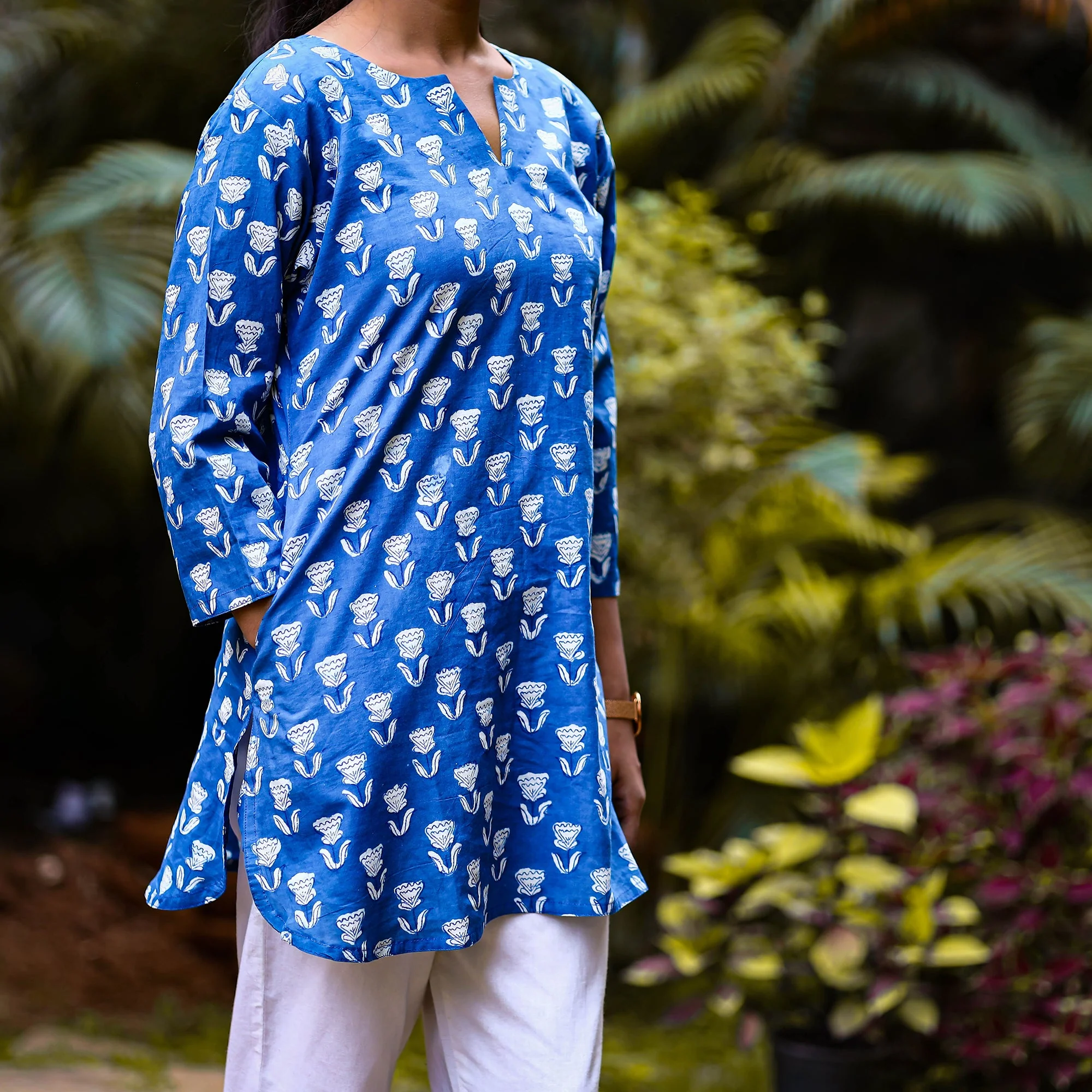 Blue - Indigo Dabu Block Printing Cotton Short Kurta - Image 3