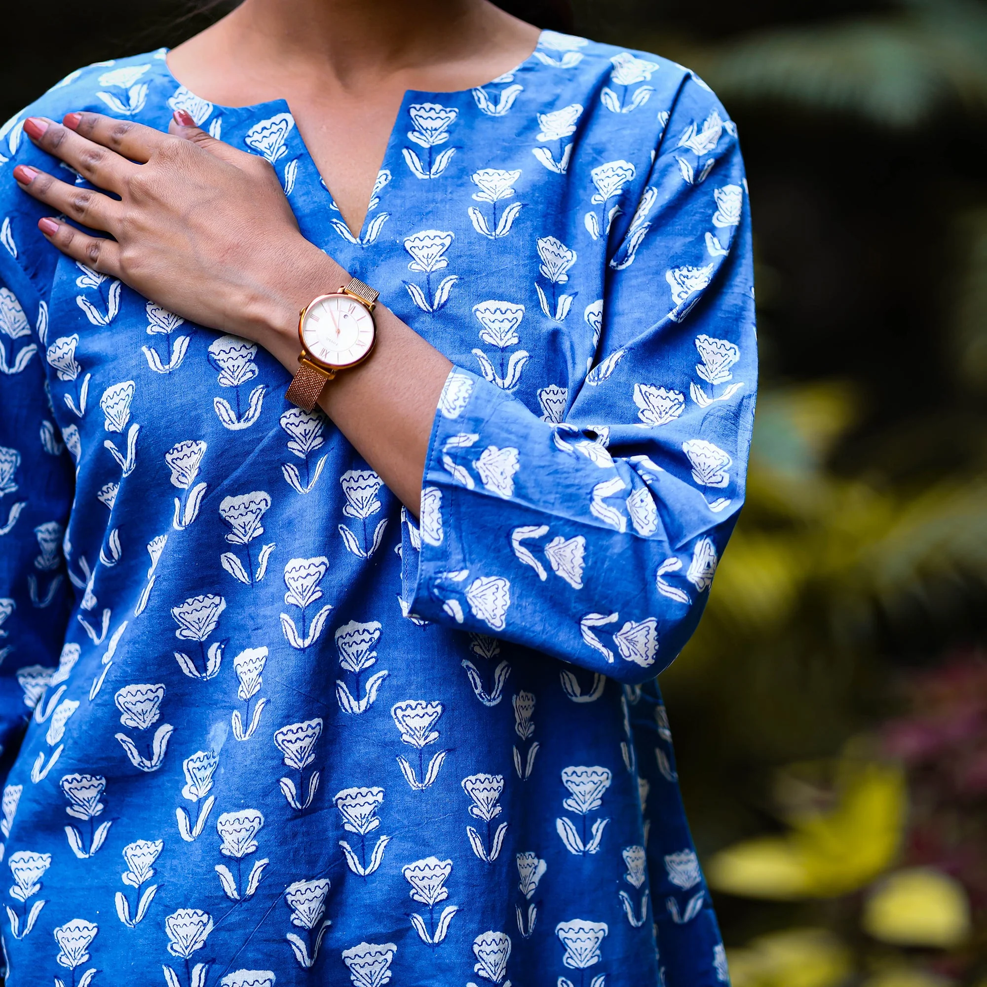 Blue - Indigo Dabu Block Printing Cotton Short Kurta - Image 5