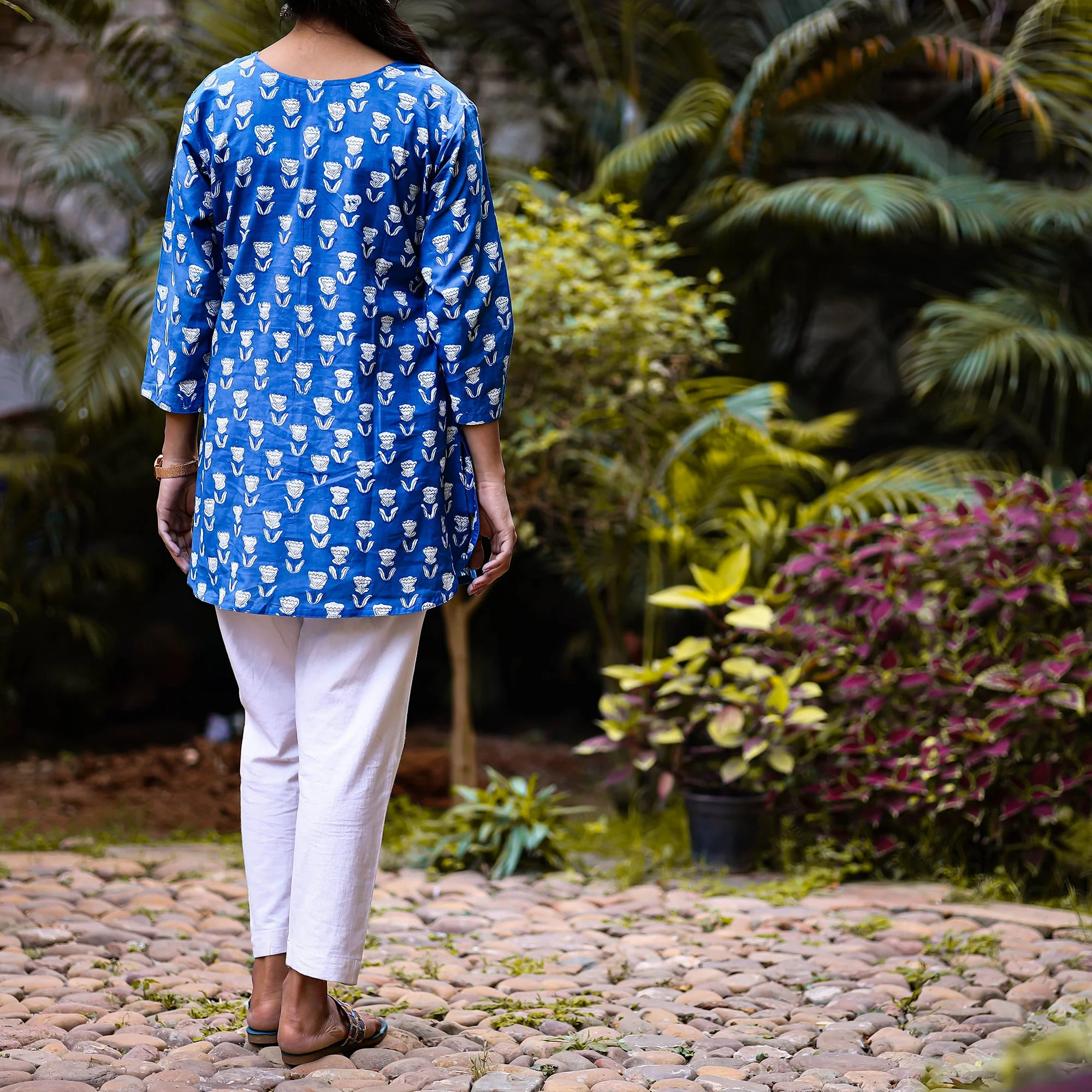 Blue - Indigo Dabu Block Printing Cotton Short Kurta - Image 6