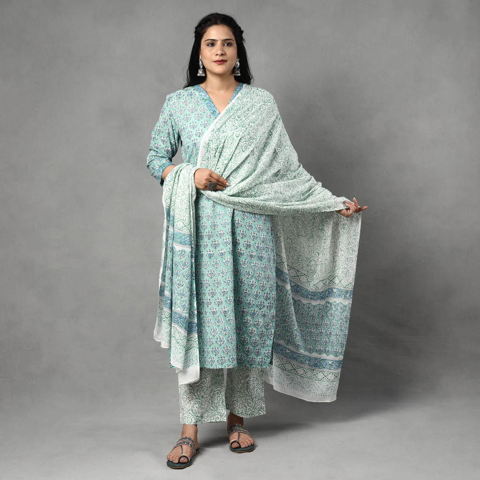 Blue - Sanganeri Block Printed Cotton Kurta with Palazzo & Dupatta Set