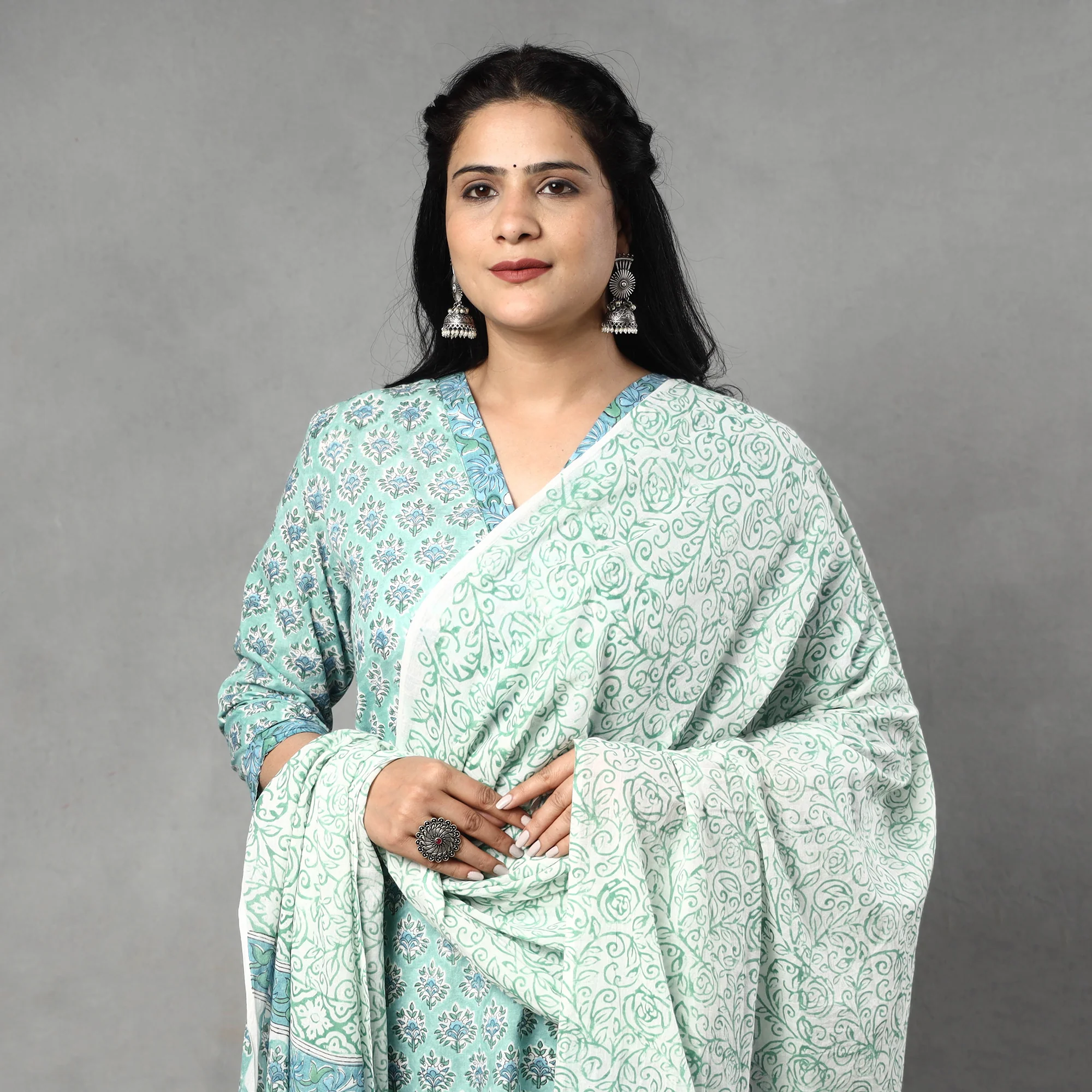 Blue - Sanganeri Block Printed Cotton Kurta with Palazzo & Dupatta Set - Image 2