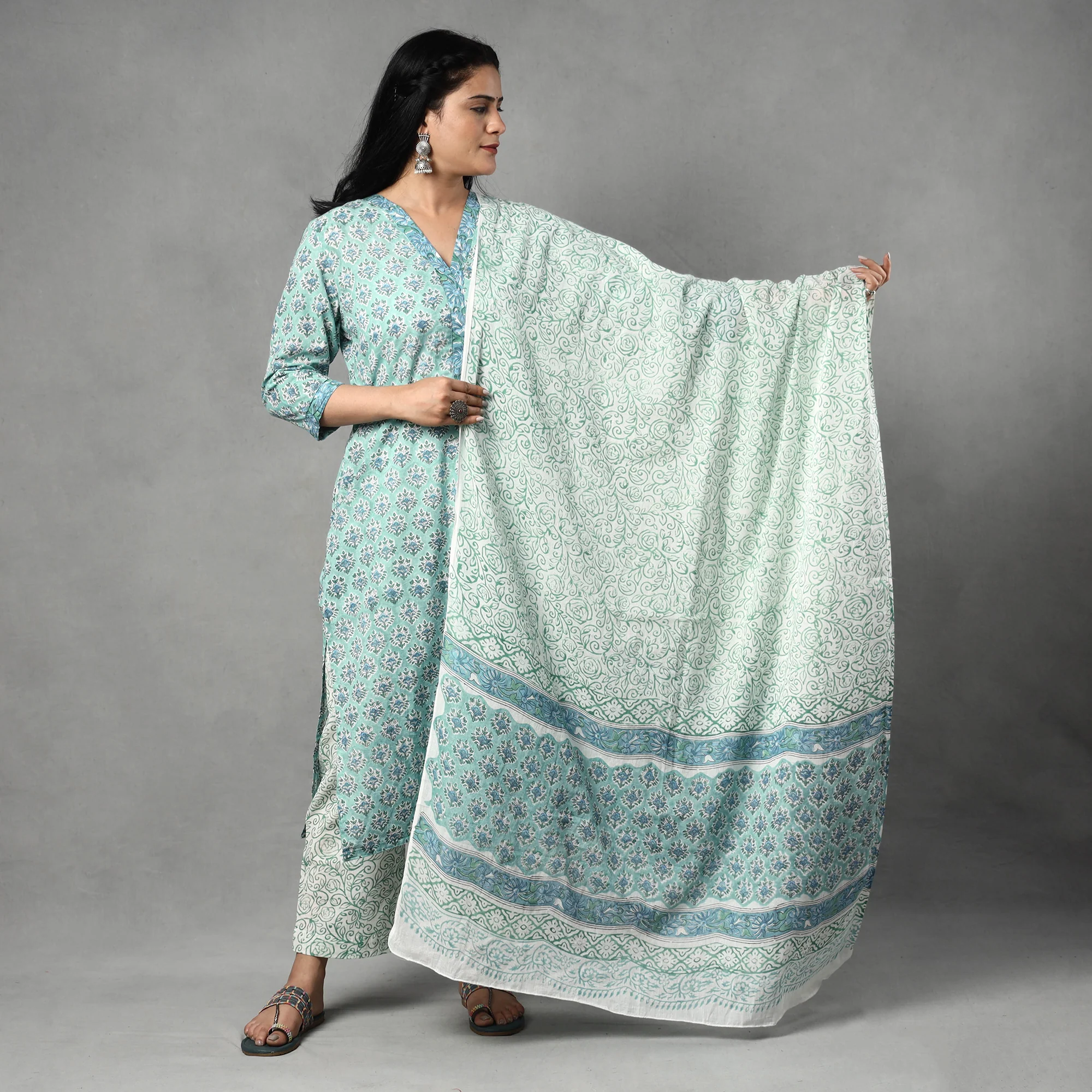 Blue - Sanganeri Block Printed Cotton Kurta with Palazzo & Dupatta Set - Image 3