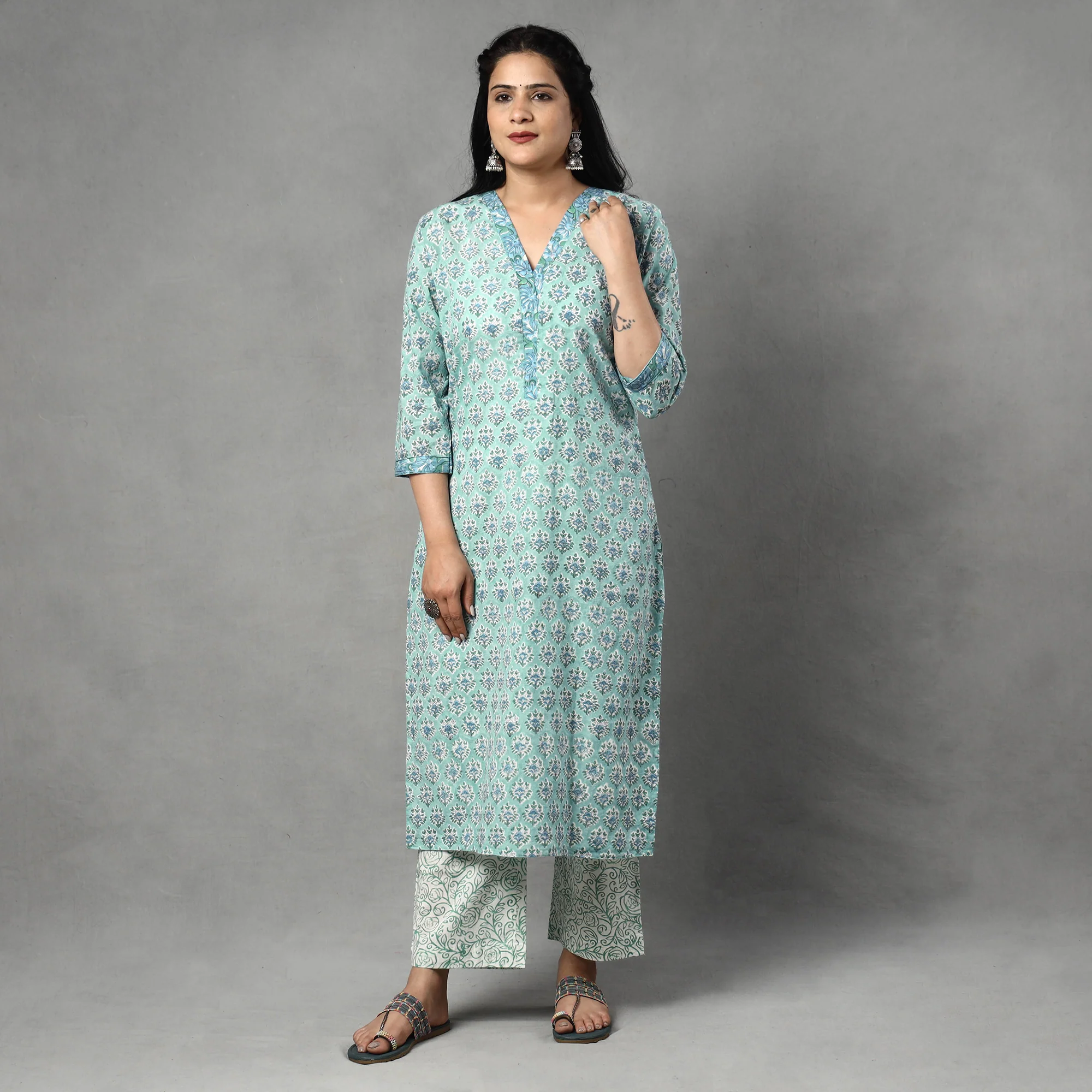Blue - Sanganeri Block Printed Cotton Kurta with Palazzo & Dupatta Set - Image 4