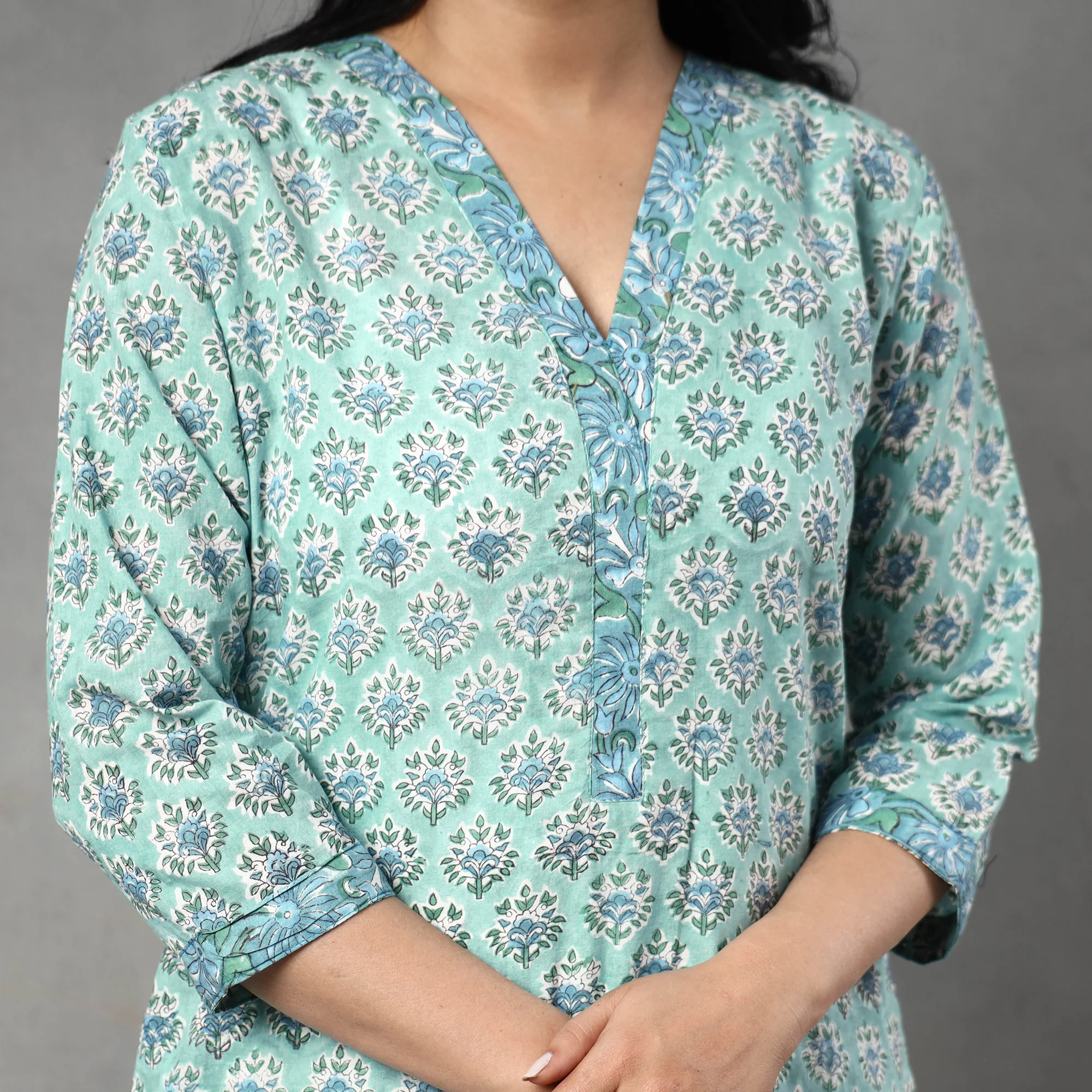 Blue - Sanganeri Block Printed Cotton Kurta with Palazzo & Dupatta Set - Image 5