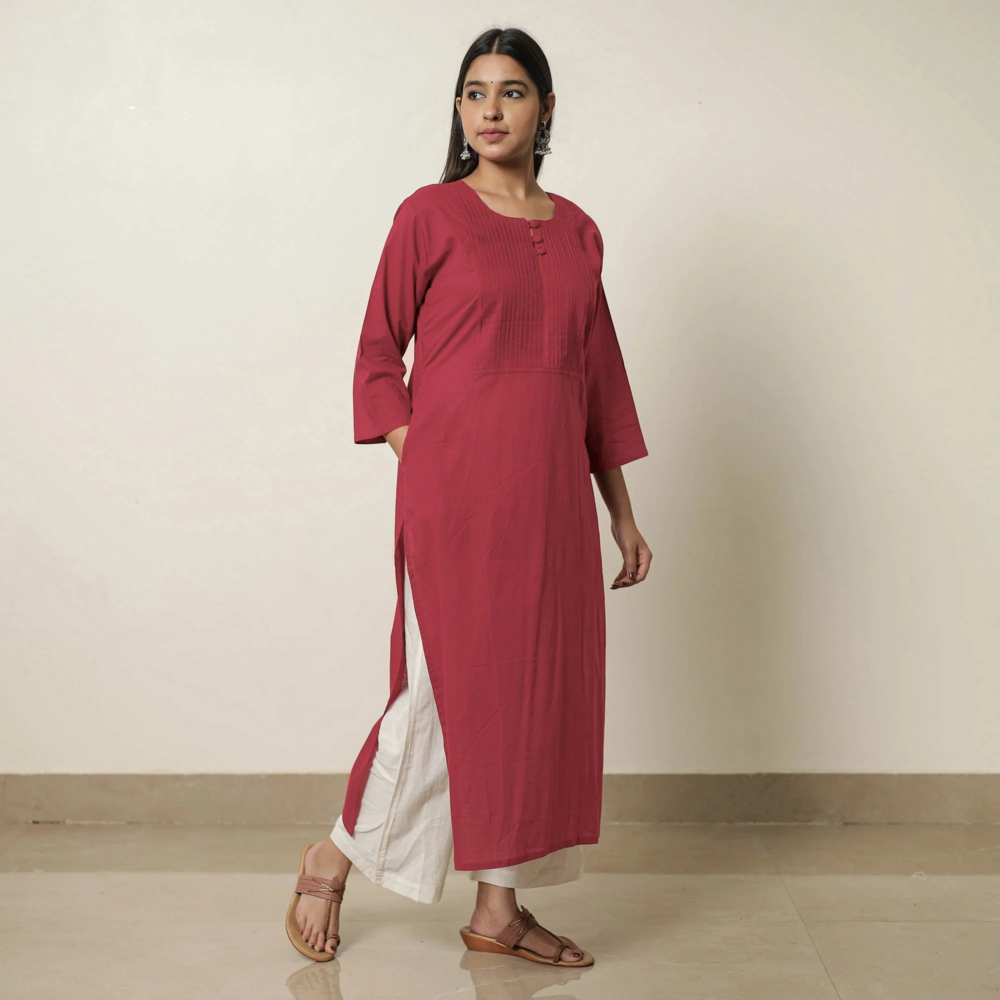 Red - Plain Cotton Pintuck Long Kurta 27 - Image 3