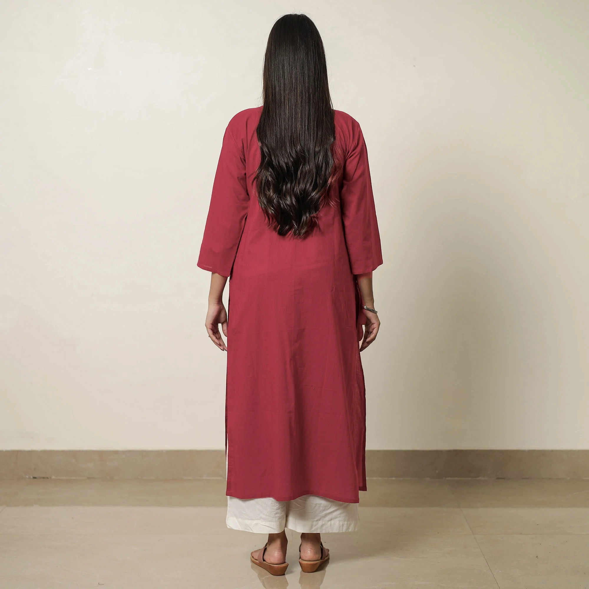 Red - Plain Cotton Pintuck Long Kurta 27 - Image 4