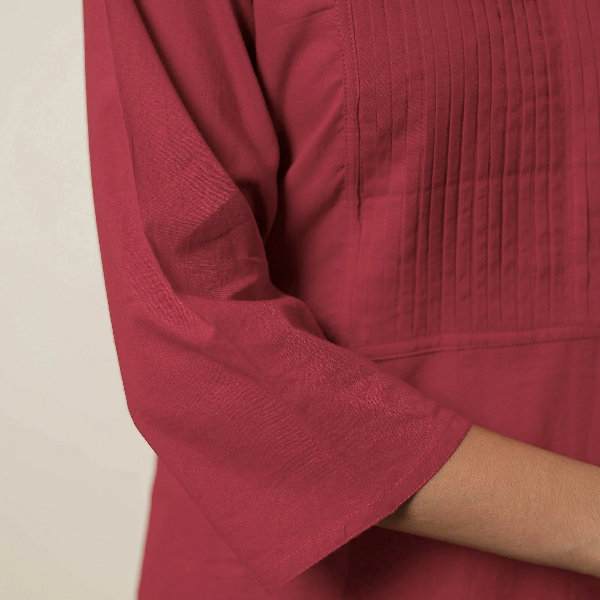 Red - Plain Cotton Pintuck Long Kurta 27 - Image 6