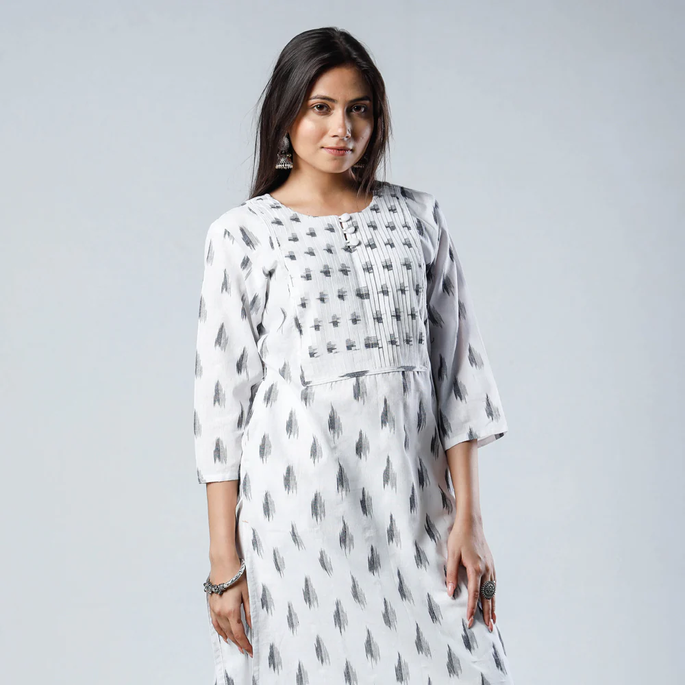 White Pochampally Ikat Weave Pintuck Cotton Long Kurta