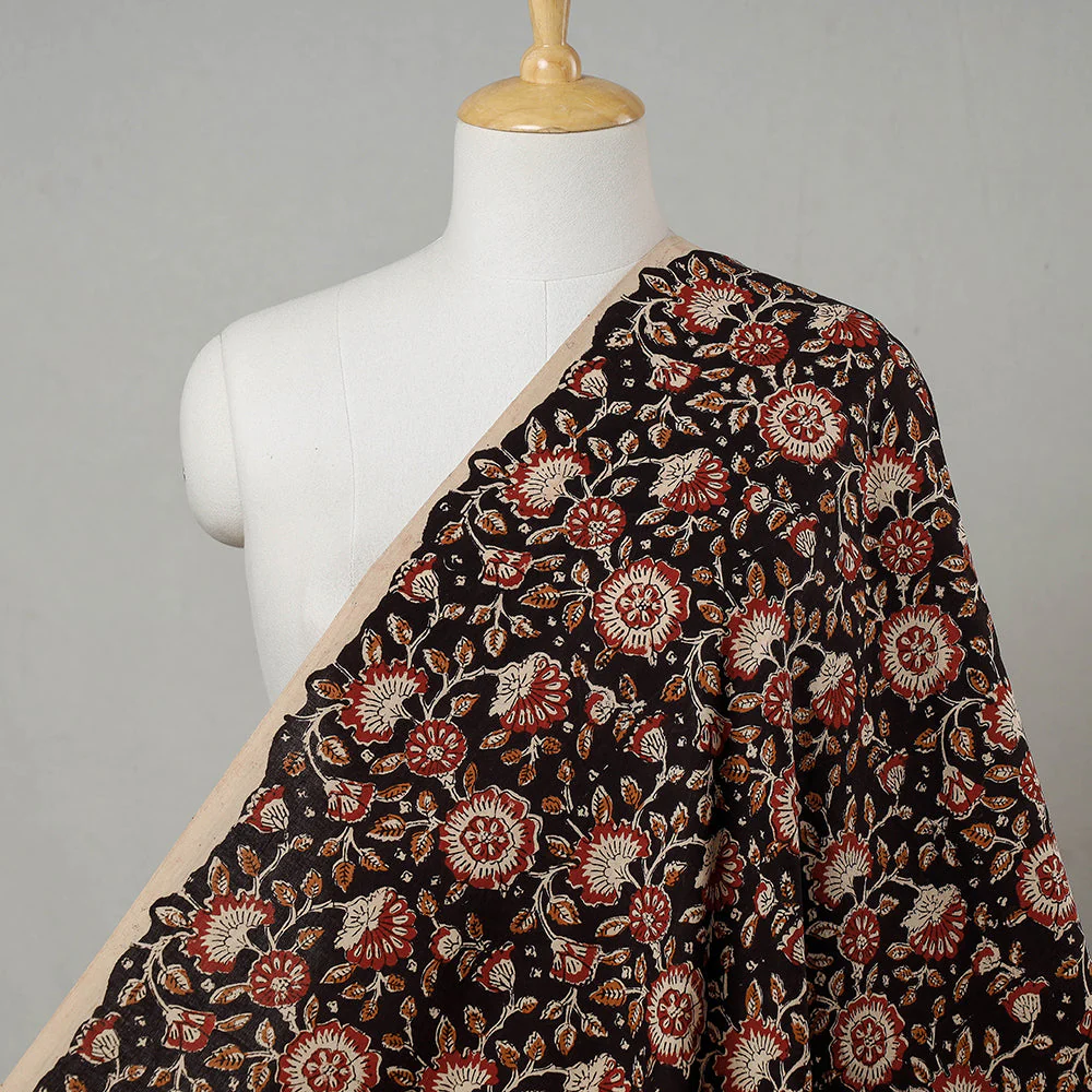 Black - Red Gardenia Bagru Block Print Cotton Fabric