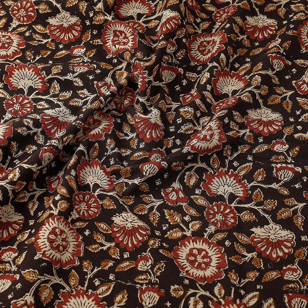 Black - Red Gardenia Bagru Block Print Cotton Fabric - Image 3