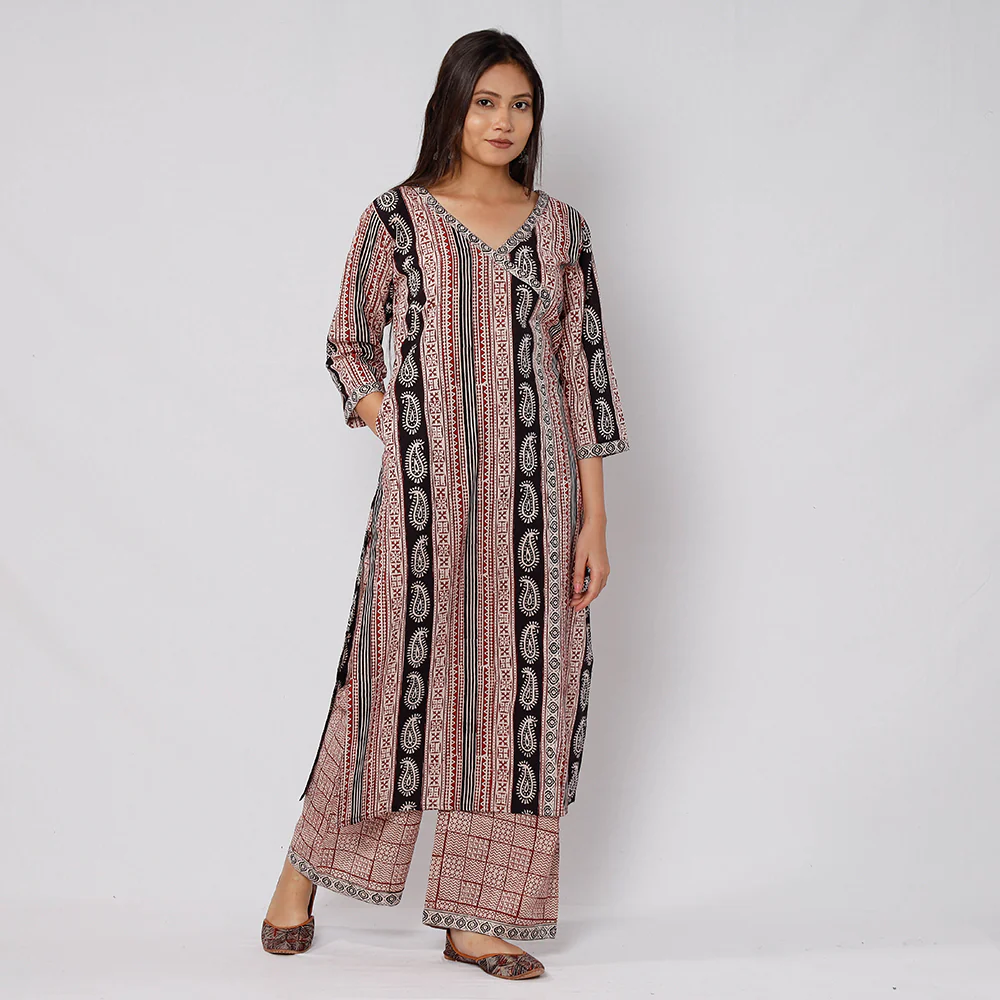 Multicolor - Bagh Block Printed Cotton Kurta with Palazzo & Dupatta Set 08 - Image 5