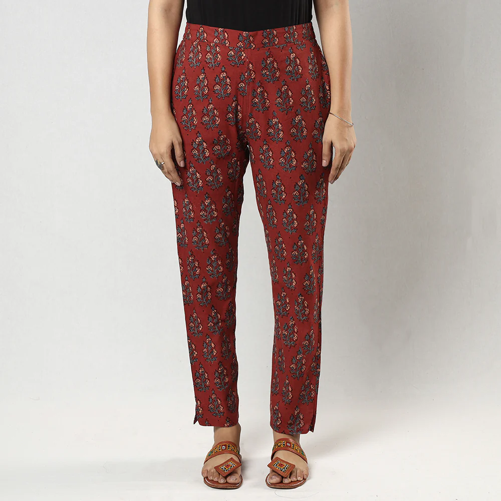 Red Ajrakh Block Printing Cotton Tapered Casual Pant for Women - Image 2