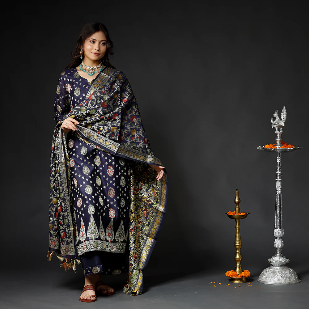Oxford Blue Banarasi Silk Zari Work Kurta with Palazzo & Dupatta Set - Image 3
