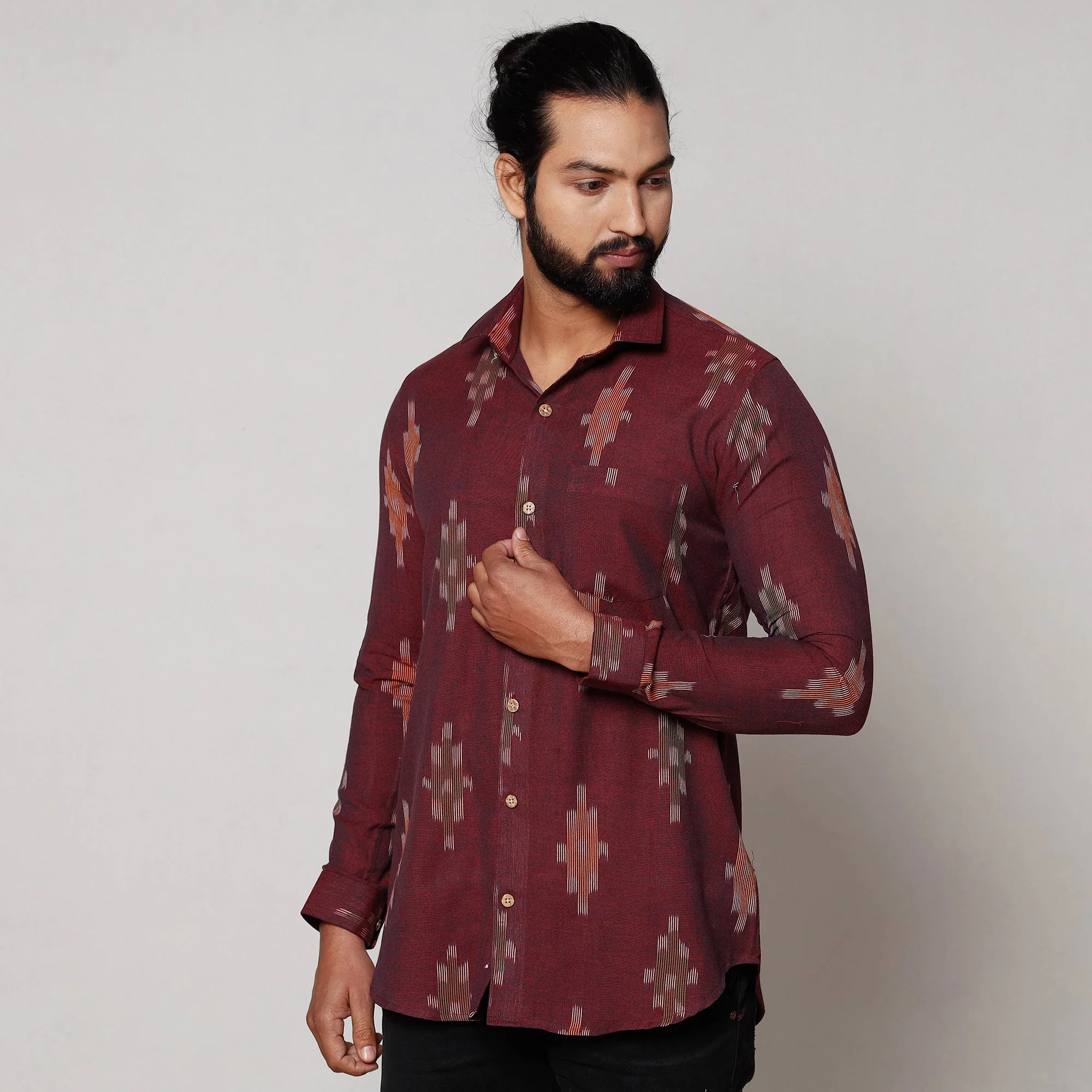 Maroon - Pochampally Ikat Pure Cotton Men Full Sleeve Shirt - Image 2