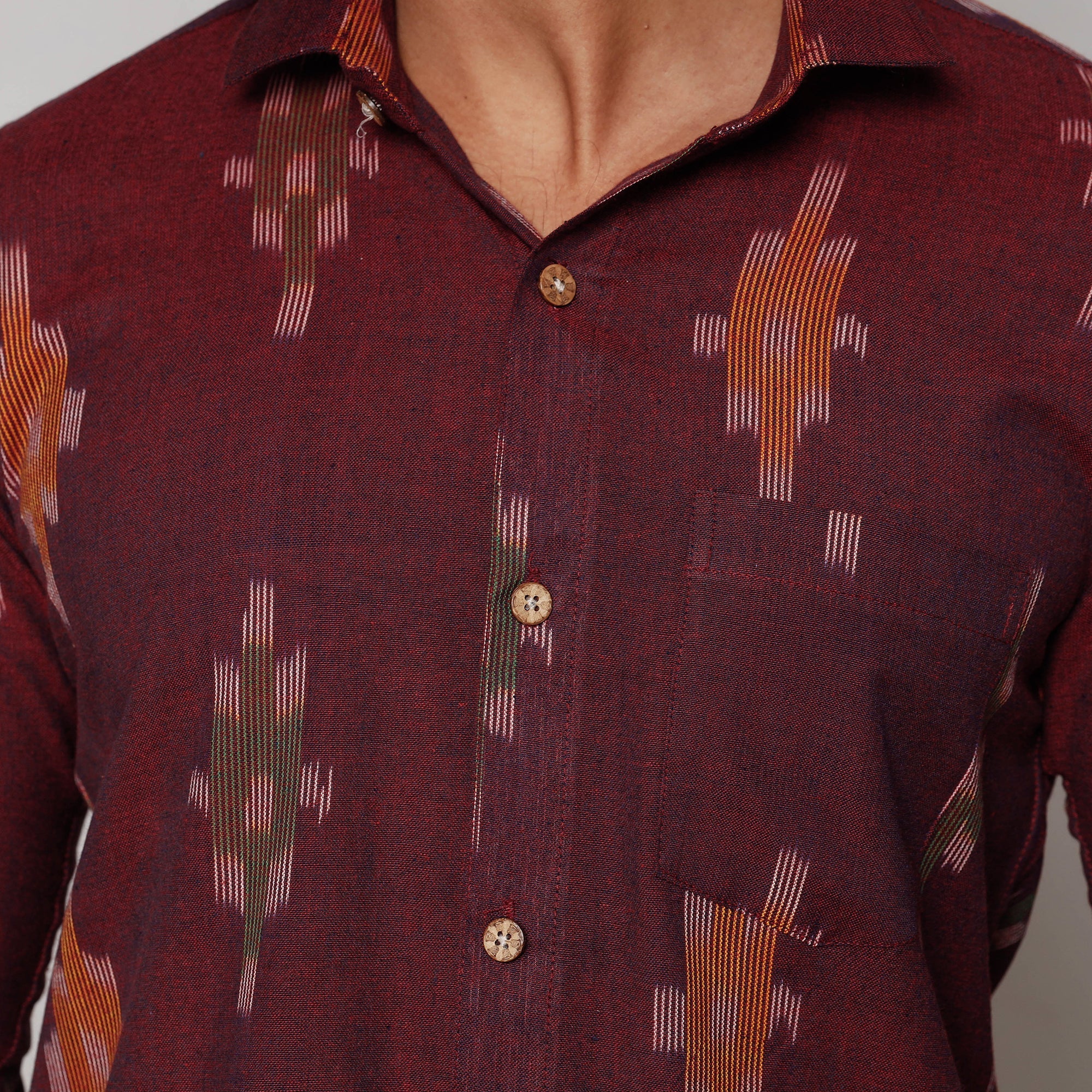 Maroon - Pochampally Ikat Pure Cotton Men Full Sleeve Shirt - Image 3