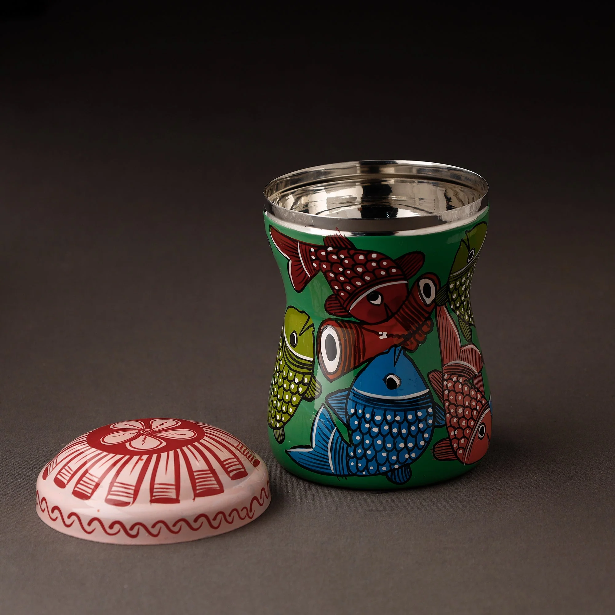 Green - Bengal Patua Handpainted Stainless Steel Multi Utility Container 09 - Image 3