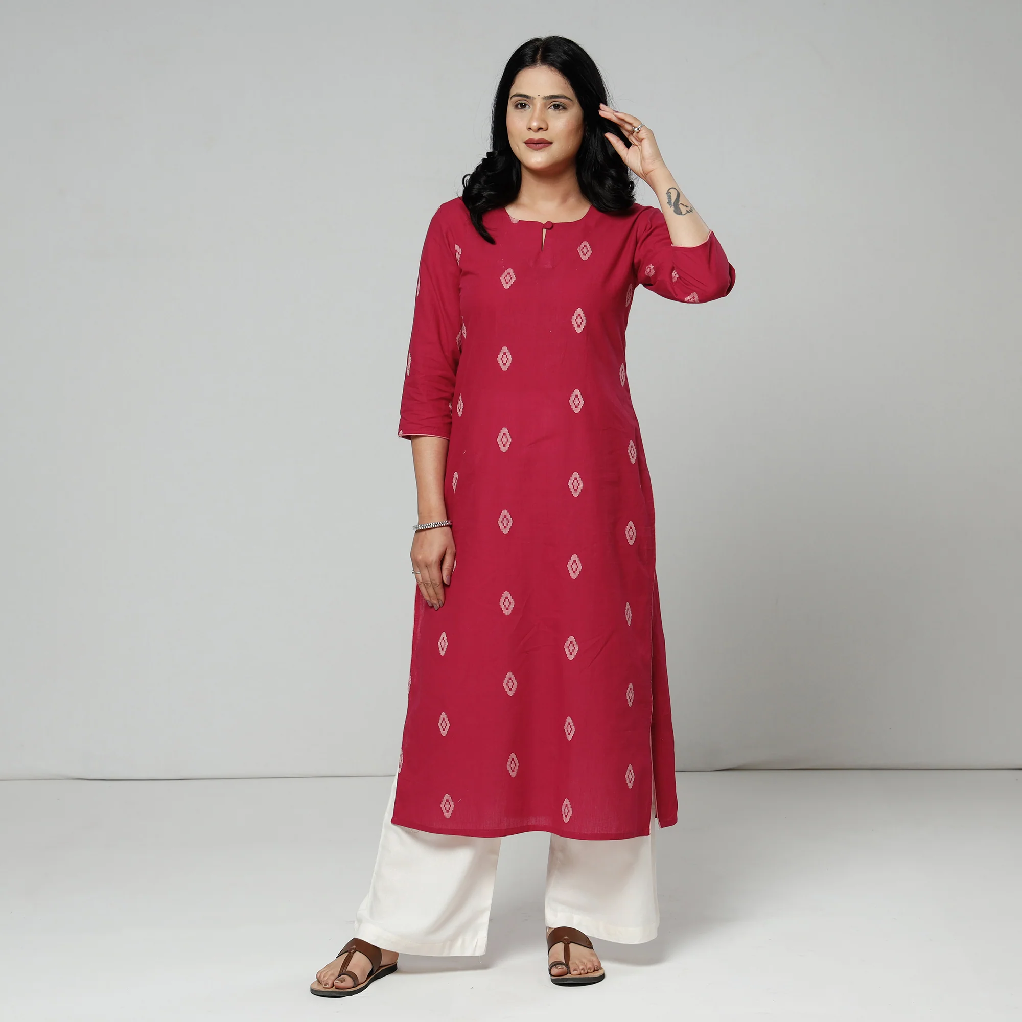 Dark Pink Jacquard Cotton Long Kurti - Image 2