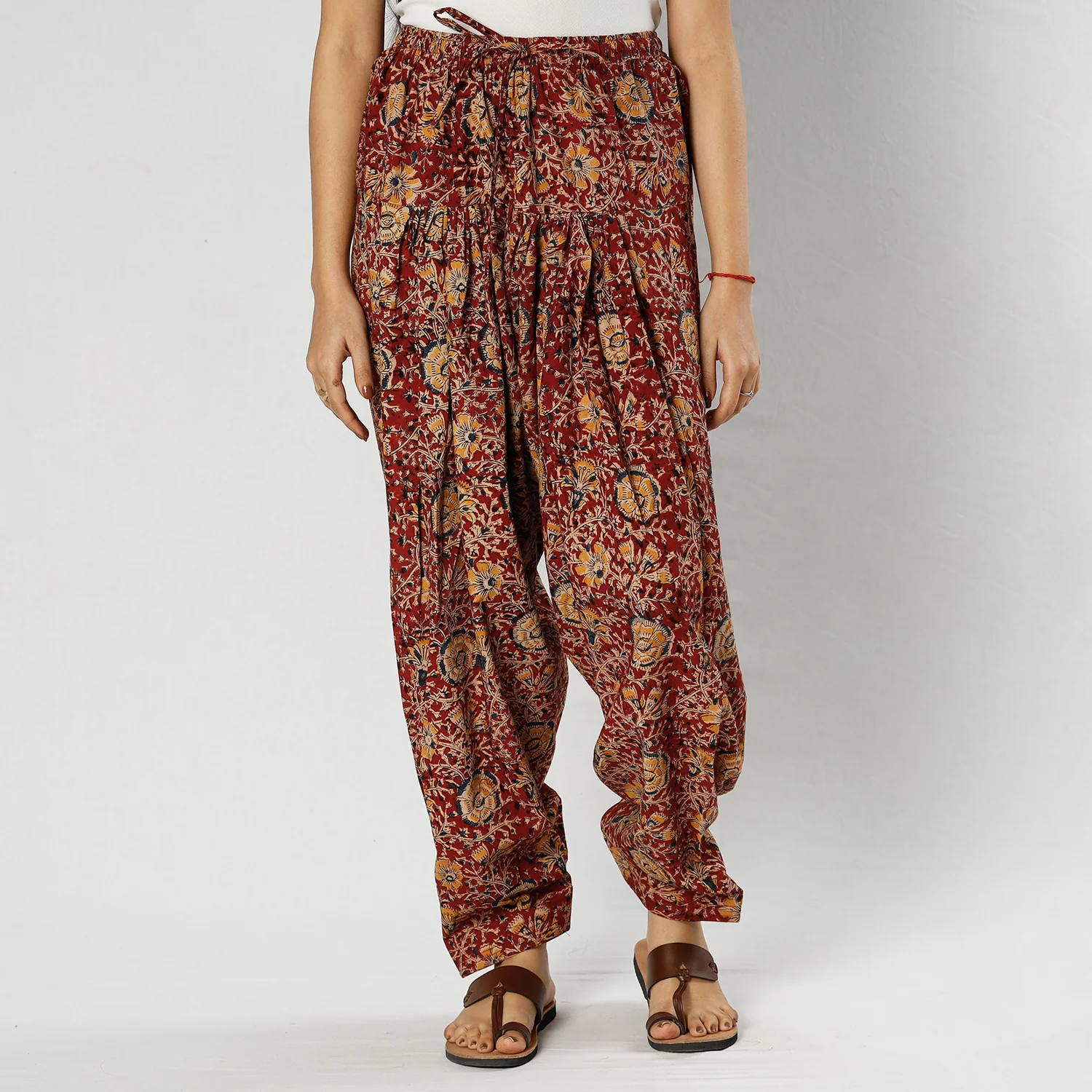 Maroon - Pedana Kalamkari Block Printing Cotton Elasticated Salwar - Image 3