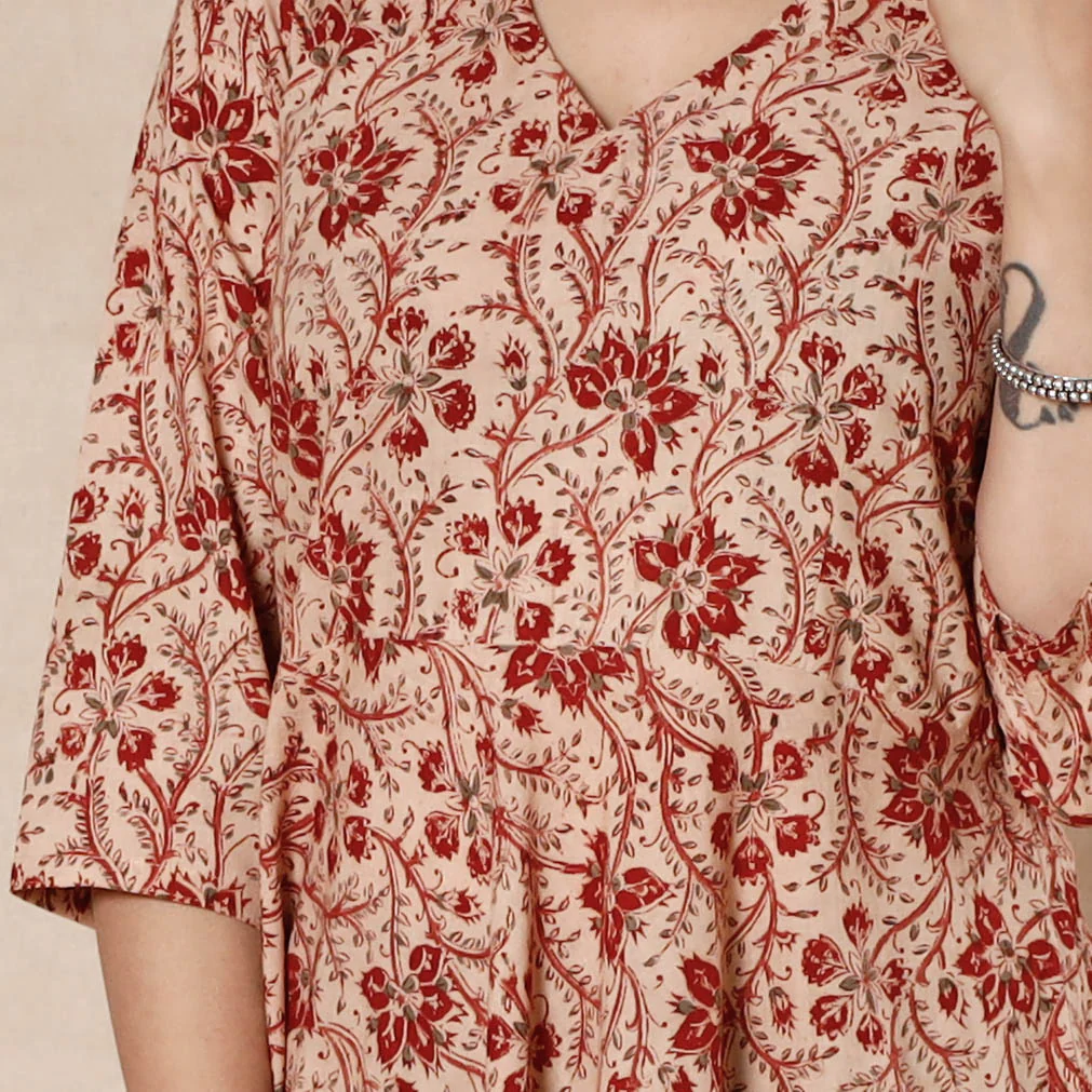 Red - Kalamkari Block Printed Cotton Flared Gher Dress - Image 5