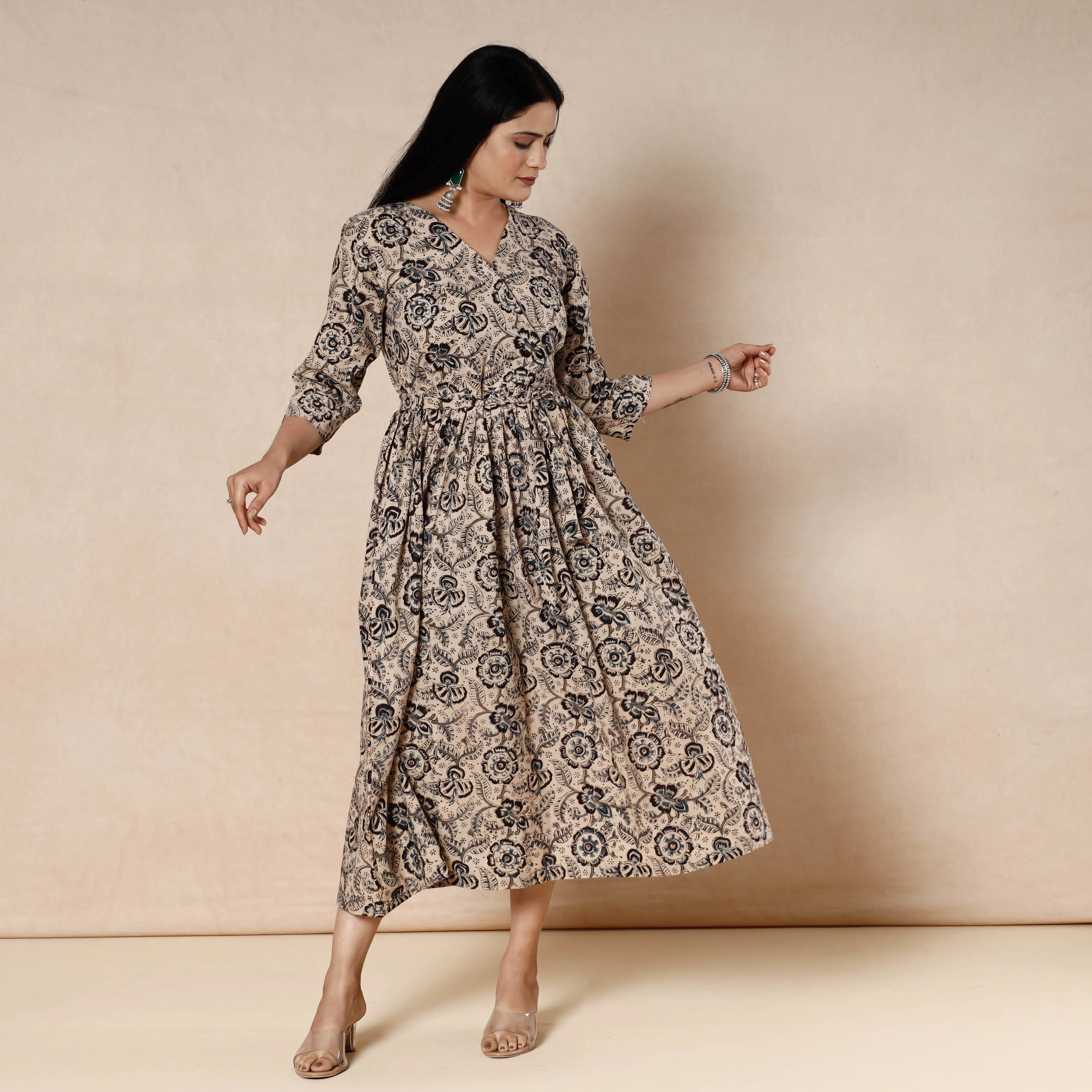 Beige - Kalamkari Block Printed Cotton Flared Dress - Image 4