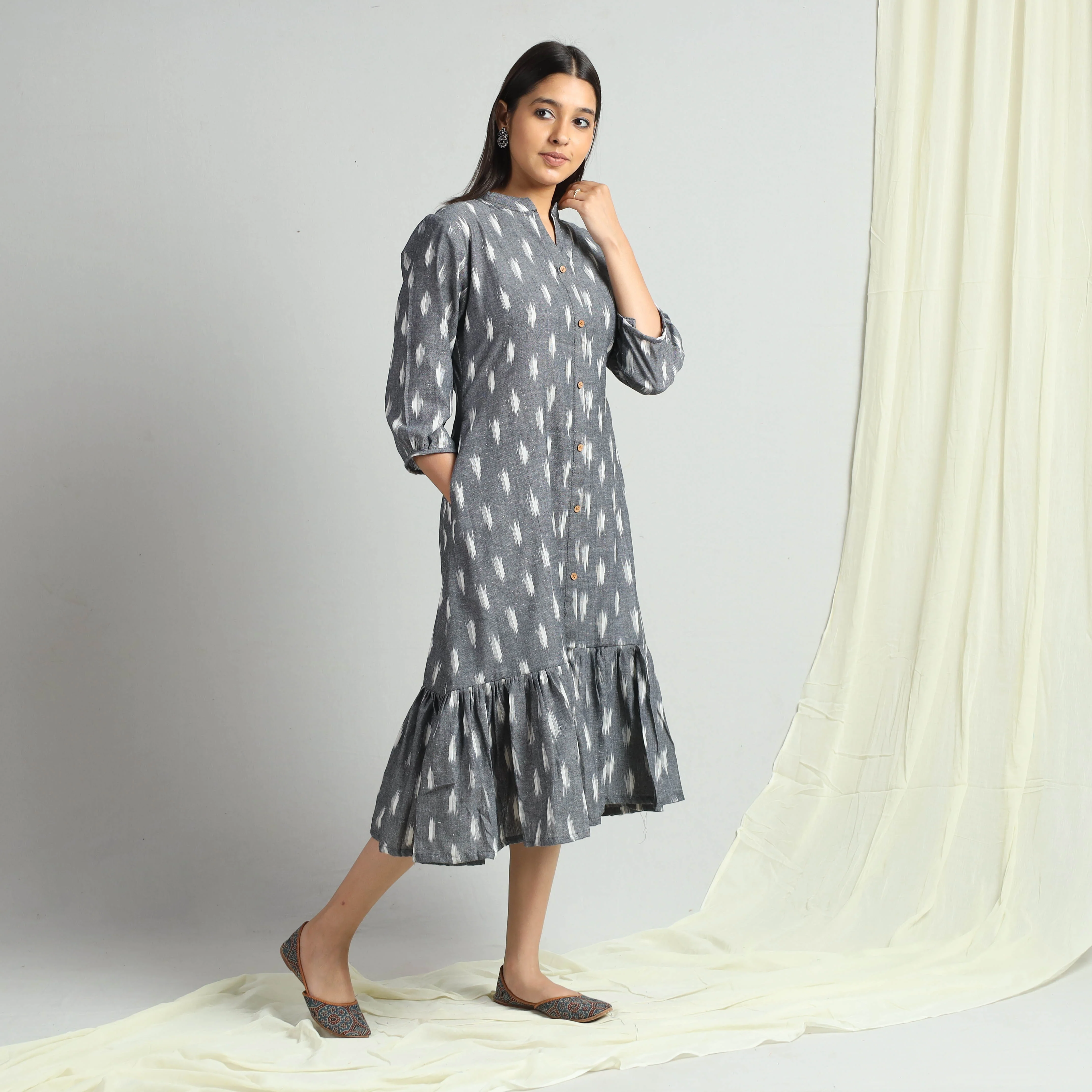 Grey - Pochampally Ikat Weave Flare Cotton Dress - Image 3