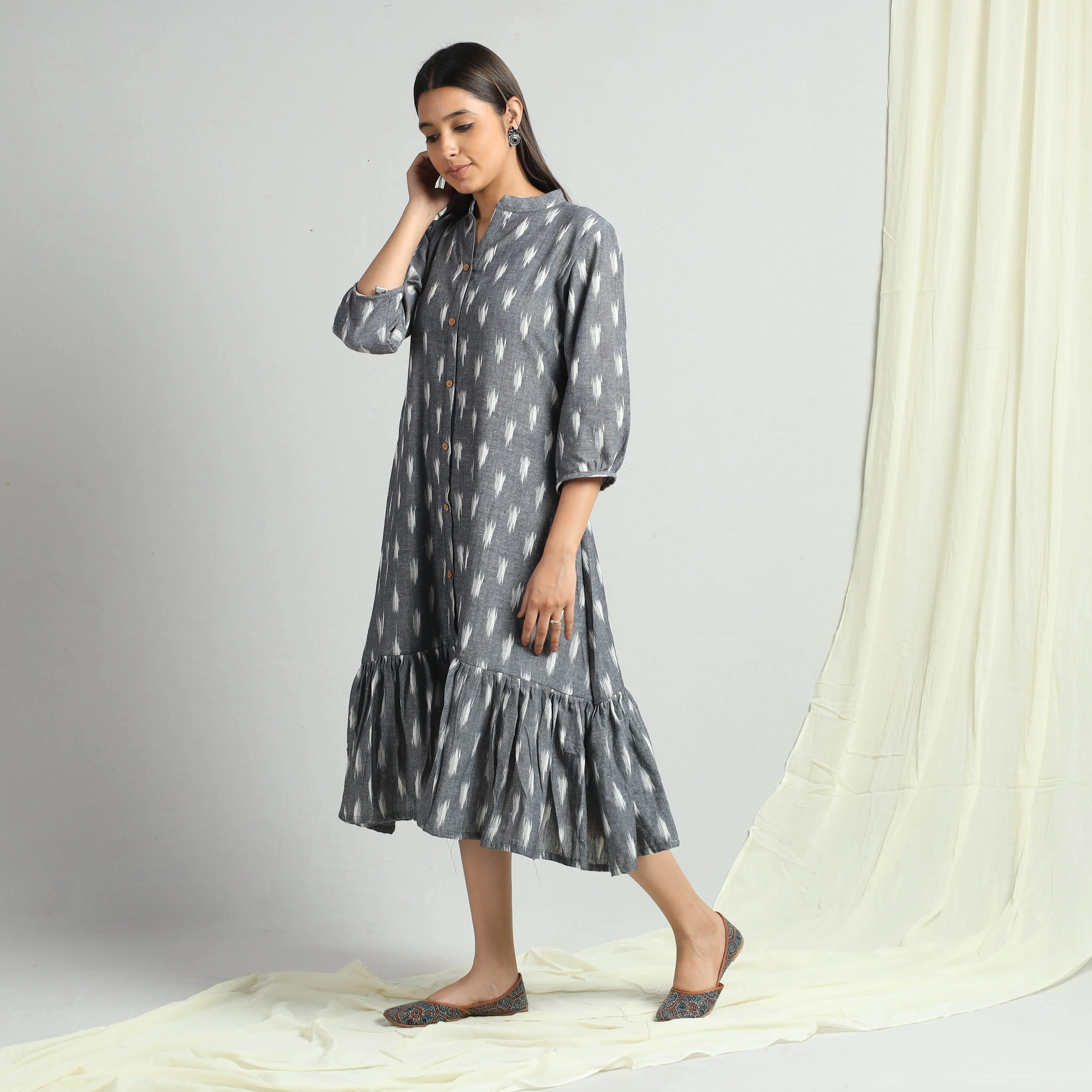 Grey - Pochampally Ikat Weave Flare Cotton Dress - Image 4