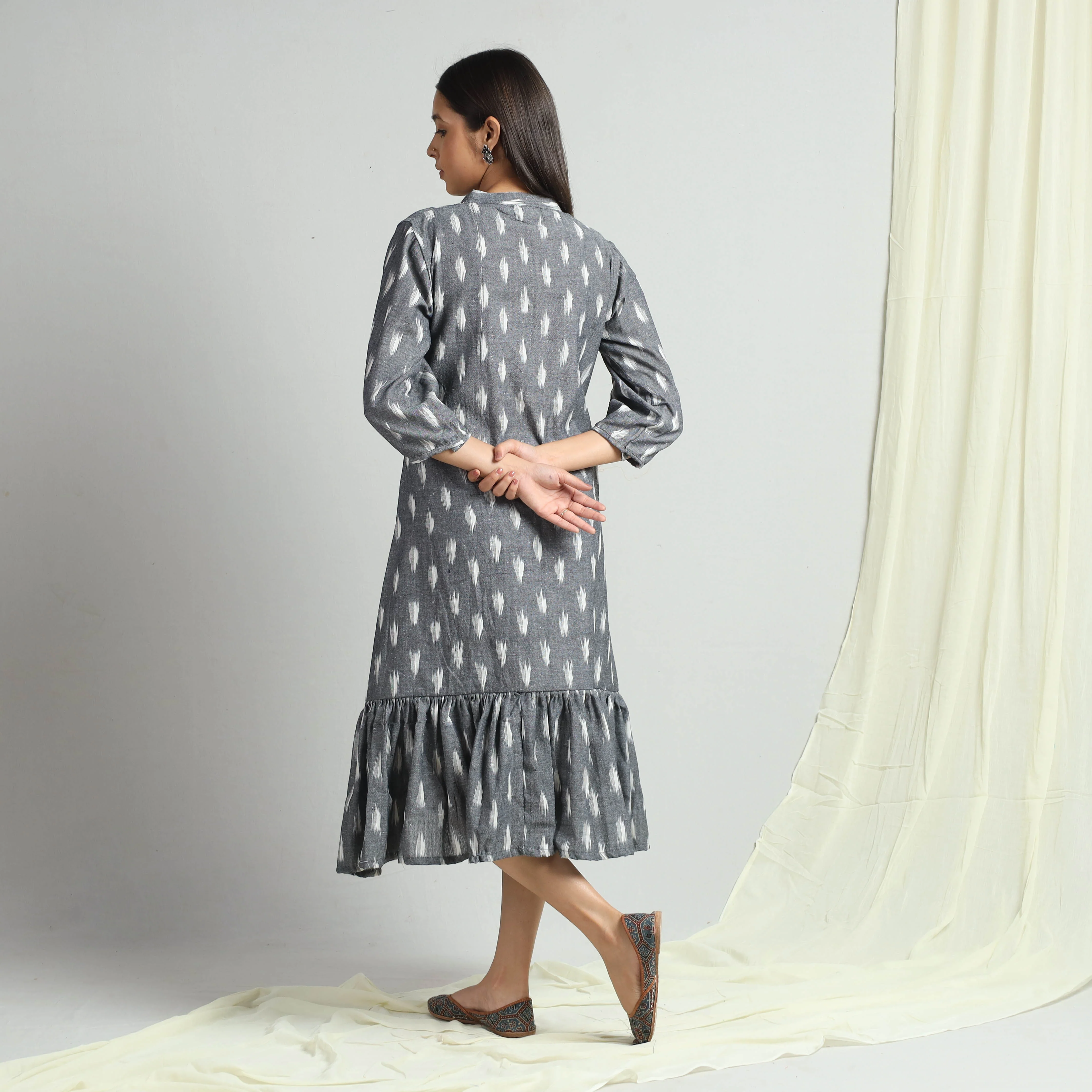 Grey - Pochampally Ikat Weave Flare Cotton Dress - Image 7