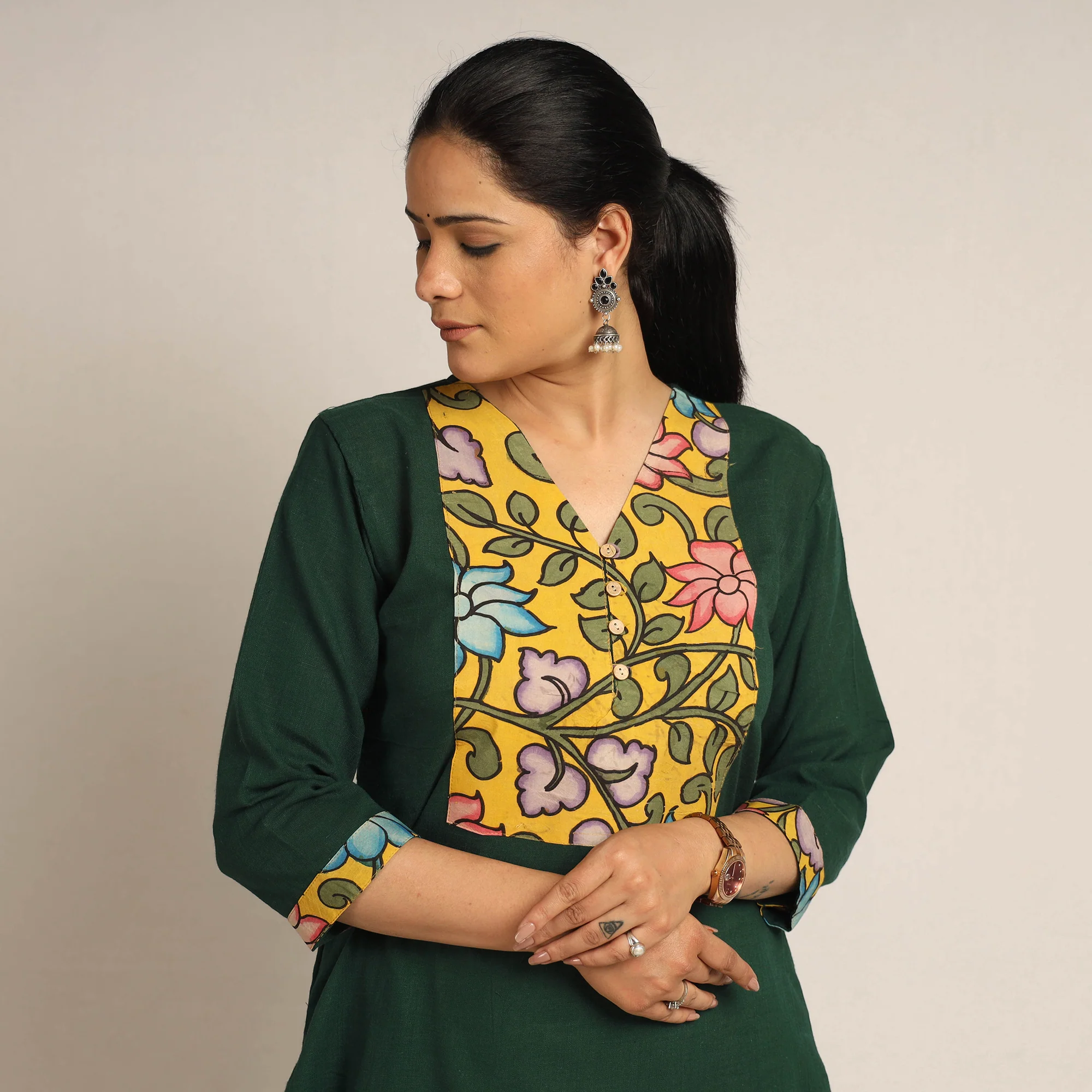 Dark Green - Srikalahasti Kalamkari Patchwork Plain Cotton Long Straight Kurta 18