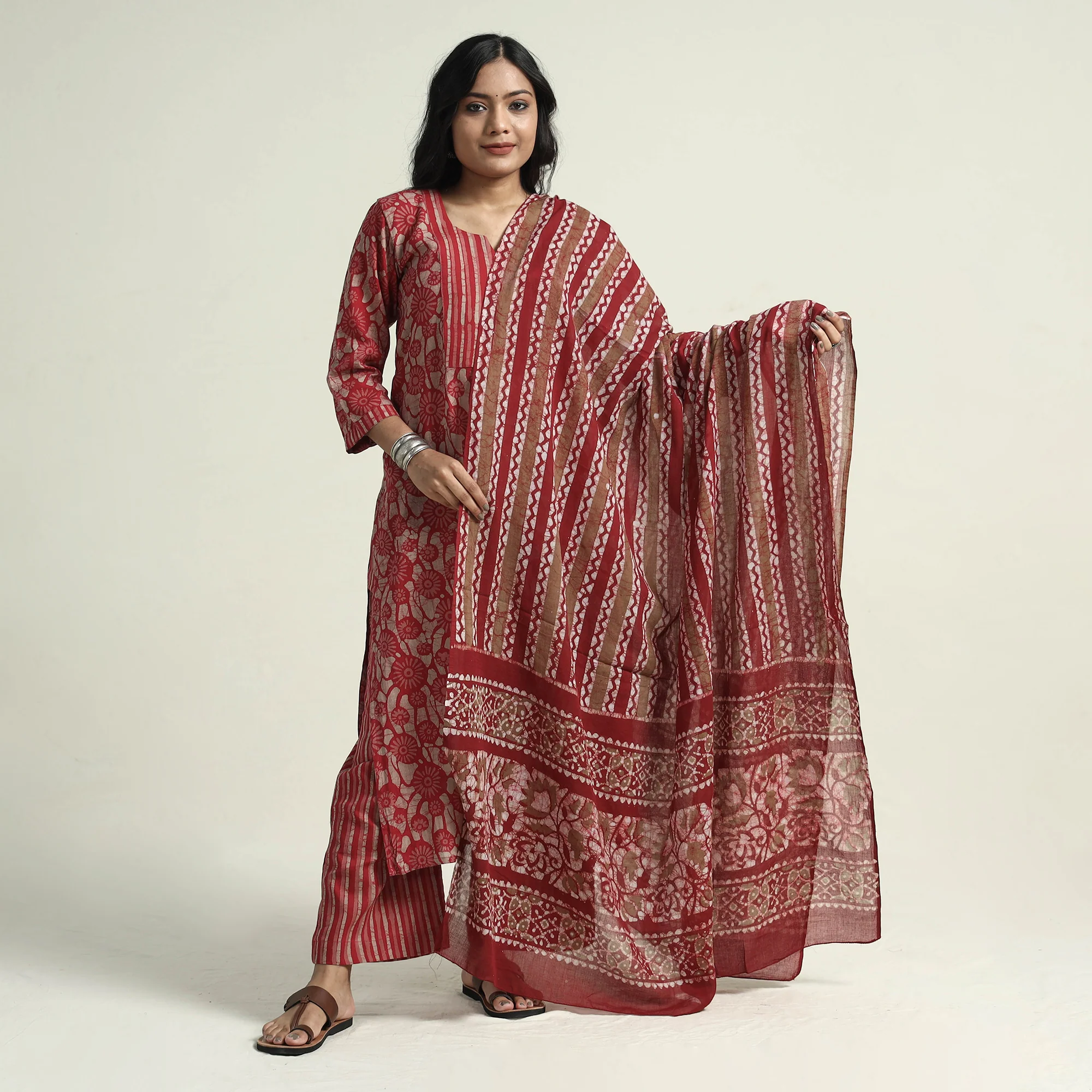 Red - Hand Batik Printed Cotton Kurta with Palazzo & Dupatta Set - Image 3