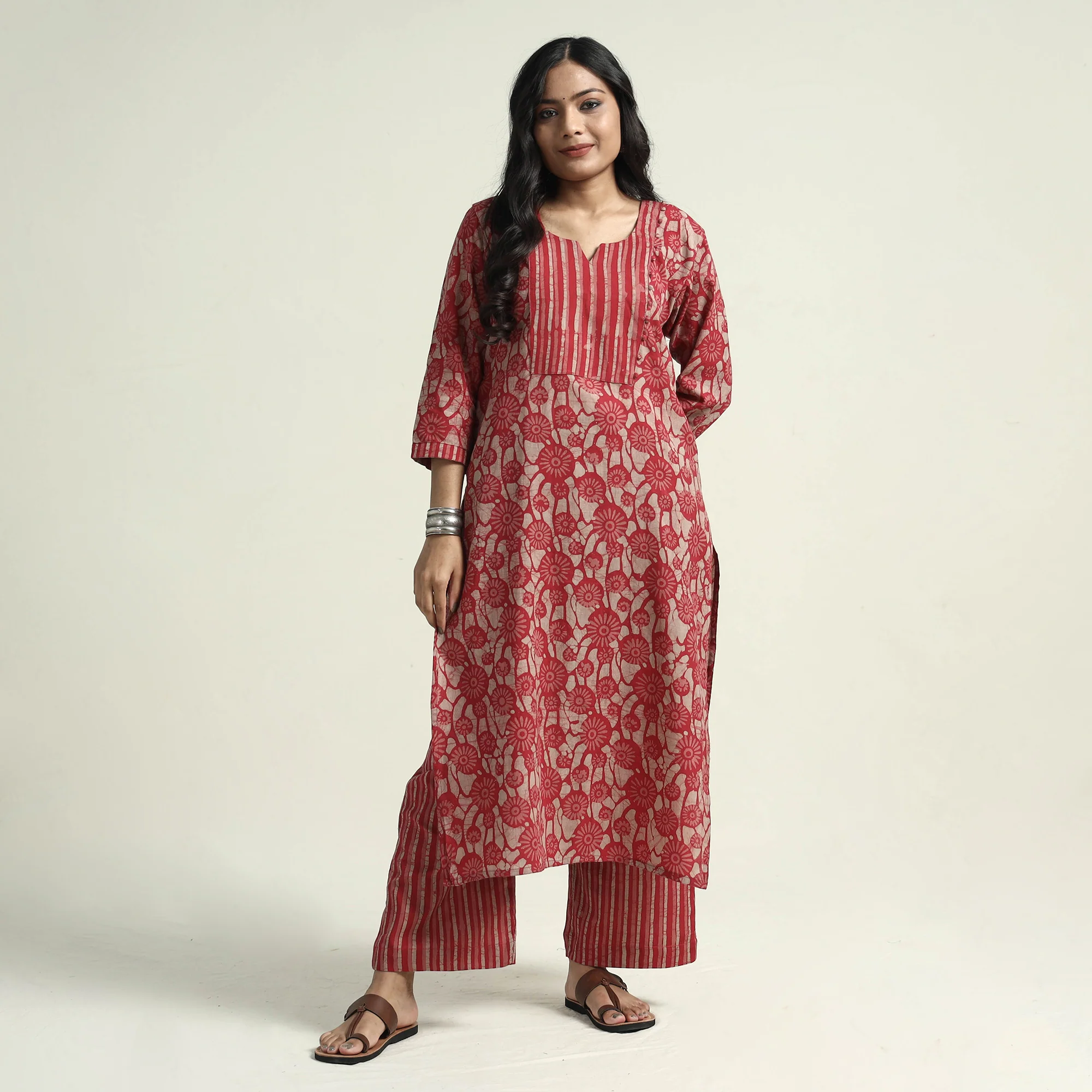 Red - Hand Batik Printed Cotton Kurta with Palazzo & Dupatta Set - Image 4