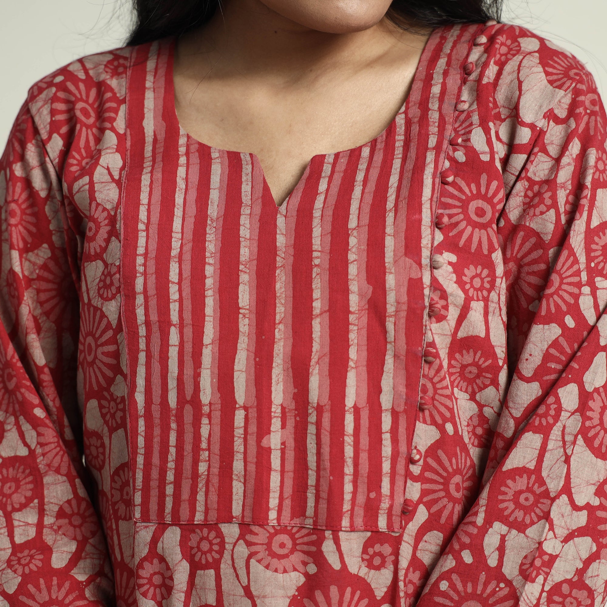 Red - Hand Batik Printed Cotton Kurta with Palazzo & Dupatta Set - Image 5