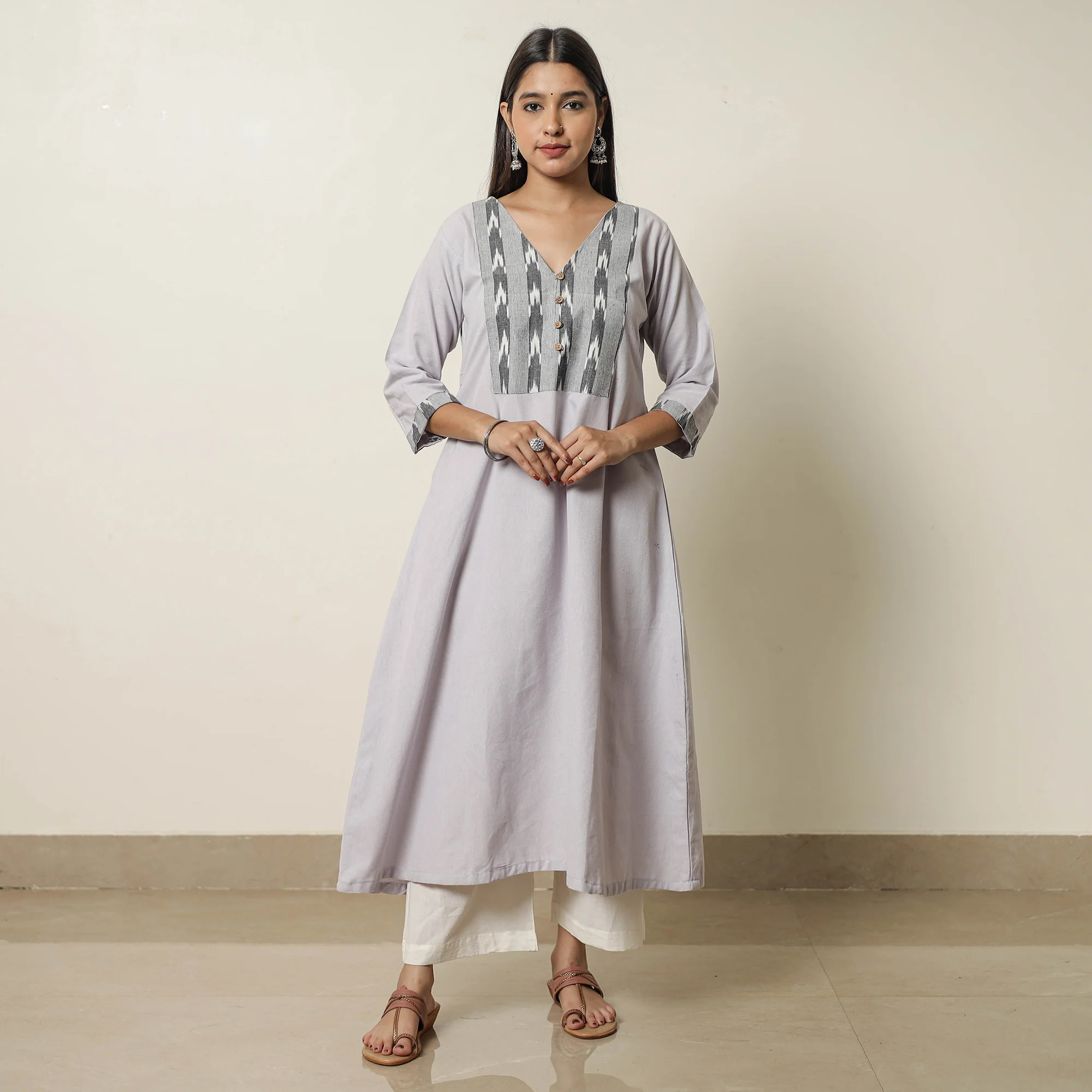 Grey - Jhiri Handloom Cotton Ikat Patchwork A-Line Long Kurta 23 - Image 2