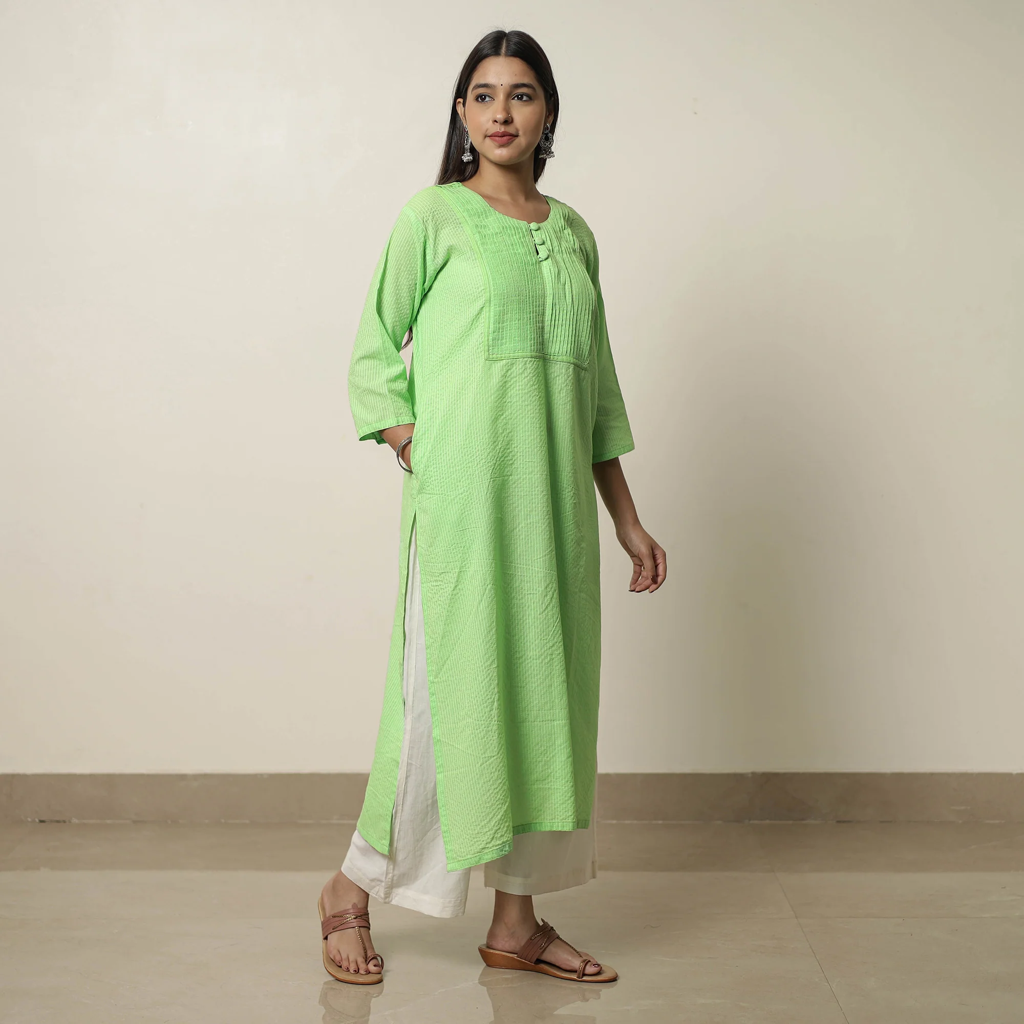 Mint Green - Plain Running Stitch Cotton Pintuck Long Straight Kurta 10 - Image 3