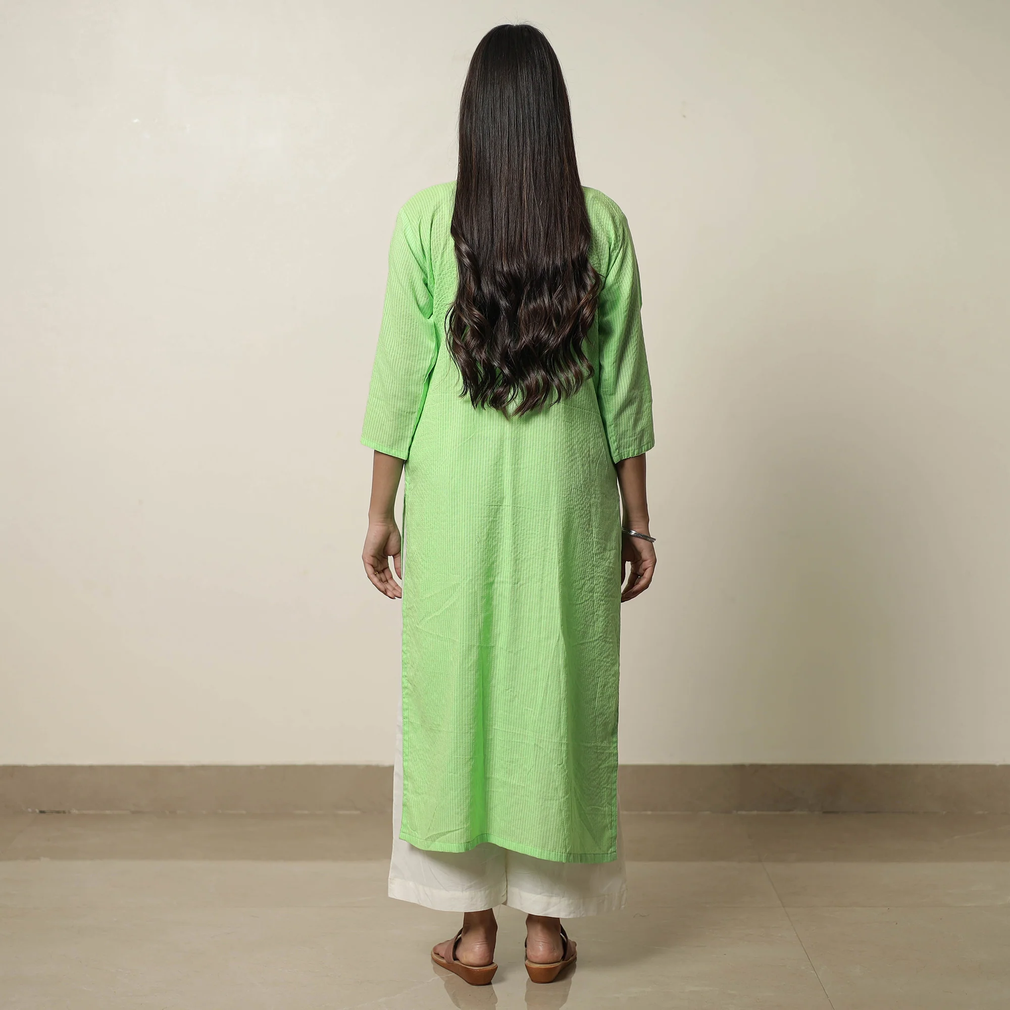 Mint Green - Plain Running Stitch Cotton Pintuck Long Straight Kurta 10 - Image 4