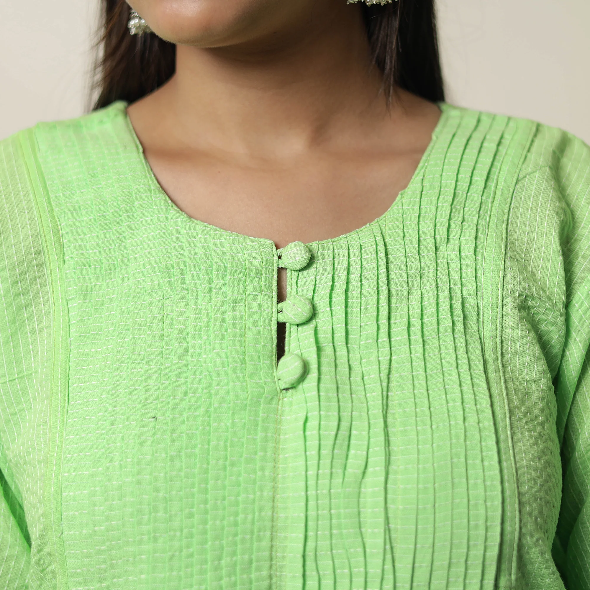 Mint Green - Plain Running Stitch Cotton Pintuck Long Straight Kurta 10 - Image 5