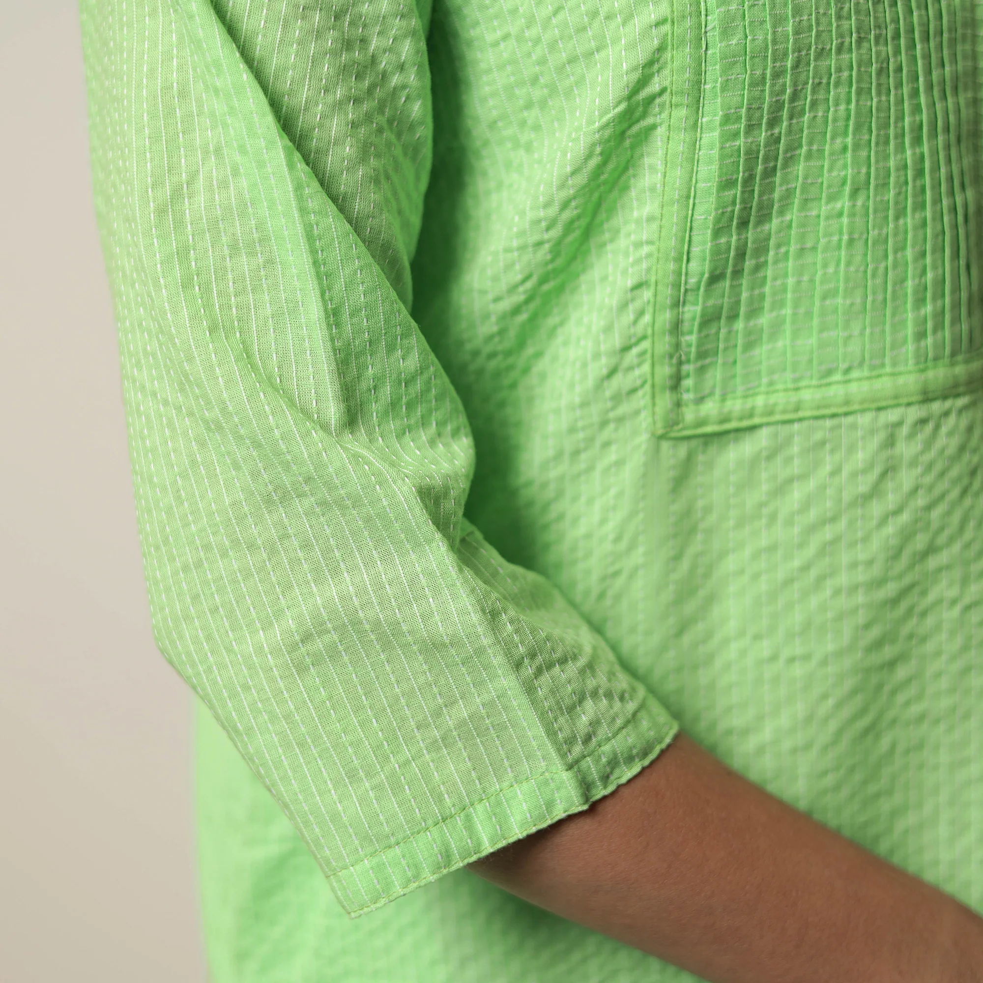 Mint Green - Plain Running Stitch Cotton Pintuck Long Straight Kurta 10 - Image 6