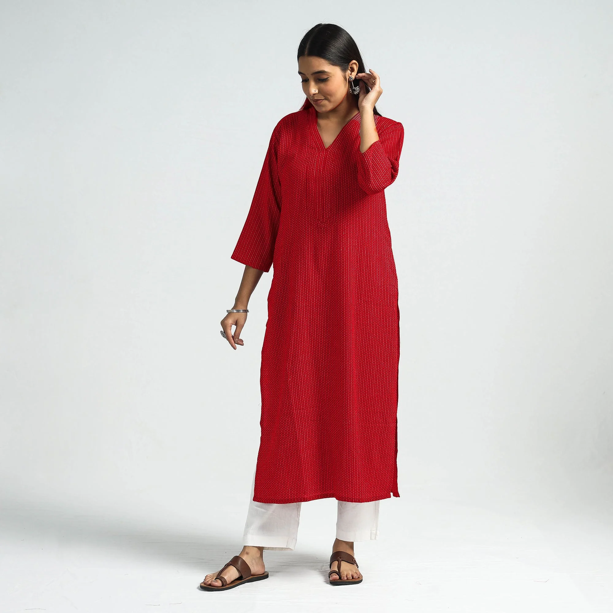 Maroon - Running Stitch Cotton Long Straight Kurta - Image 3